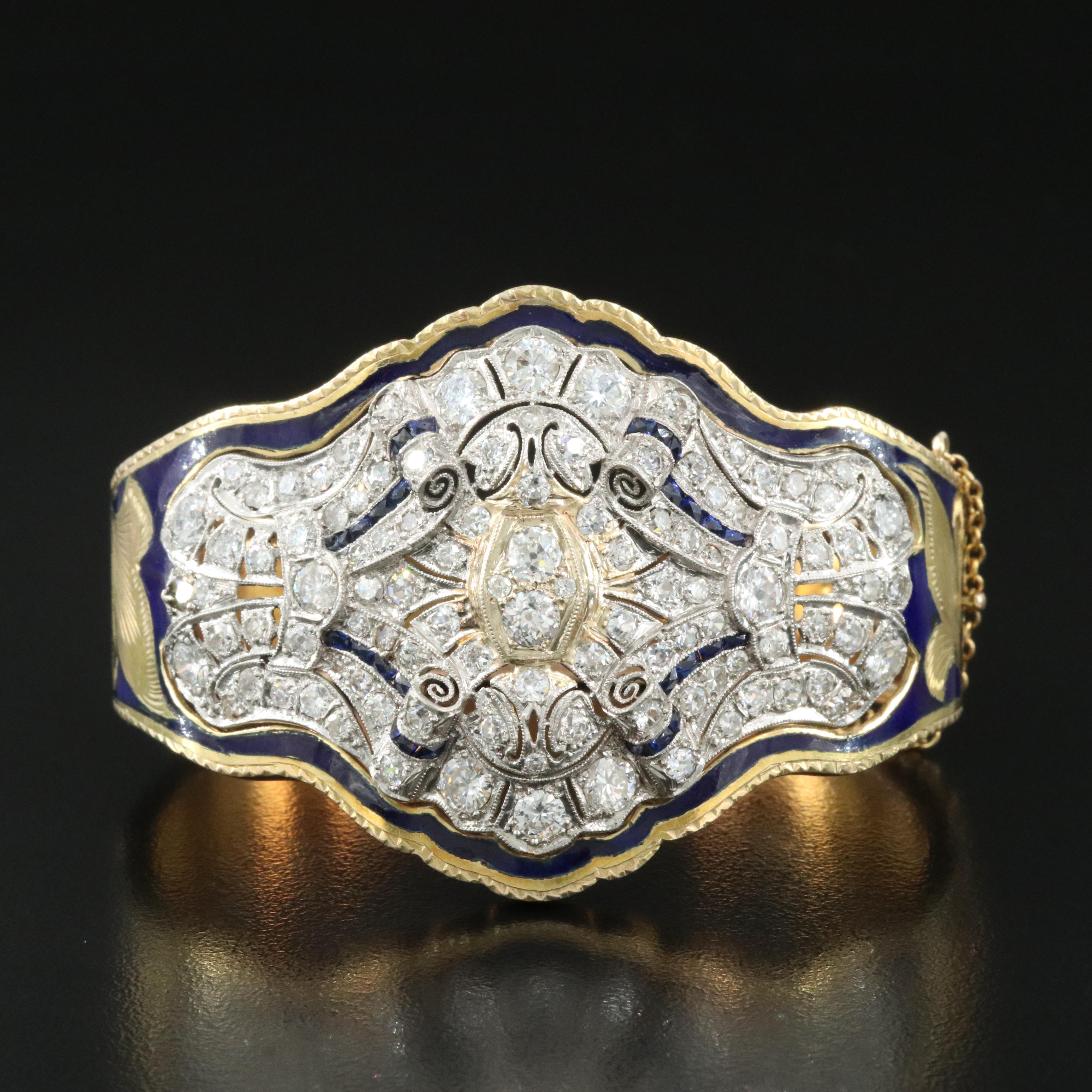 Edwardian 14K & Platinum 6.78 CTW Diamond and Sapphire Scrollwork Bracelet