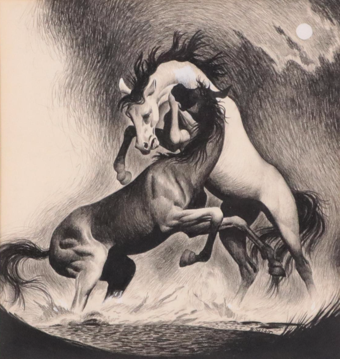 Mixed Media Drawing of Two Horses Fighting