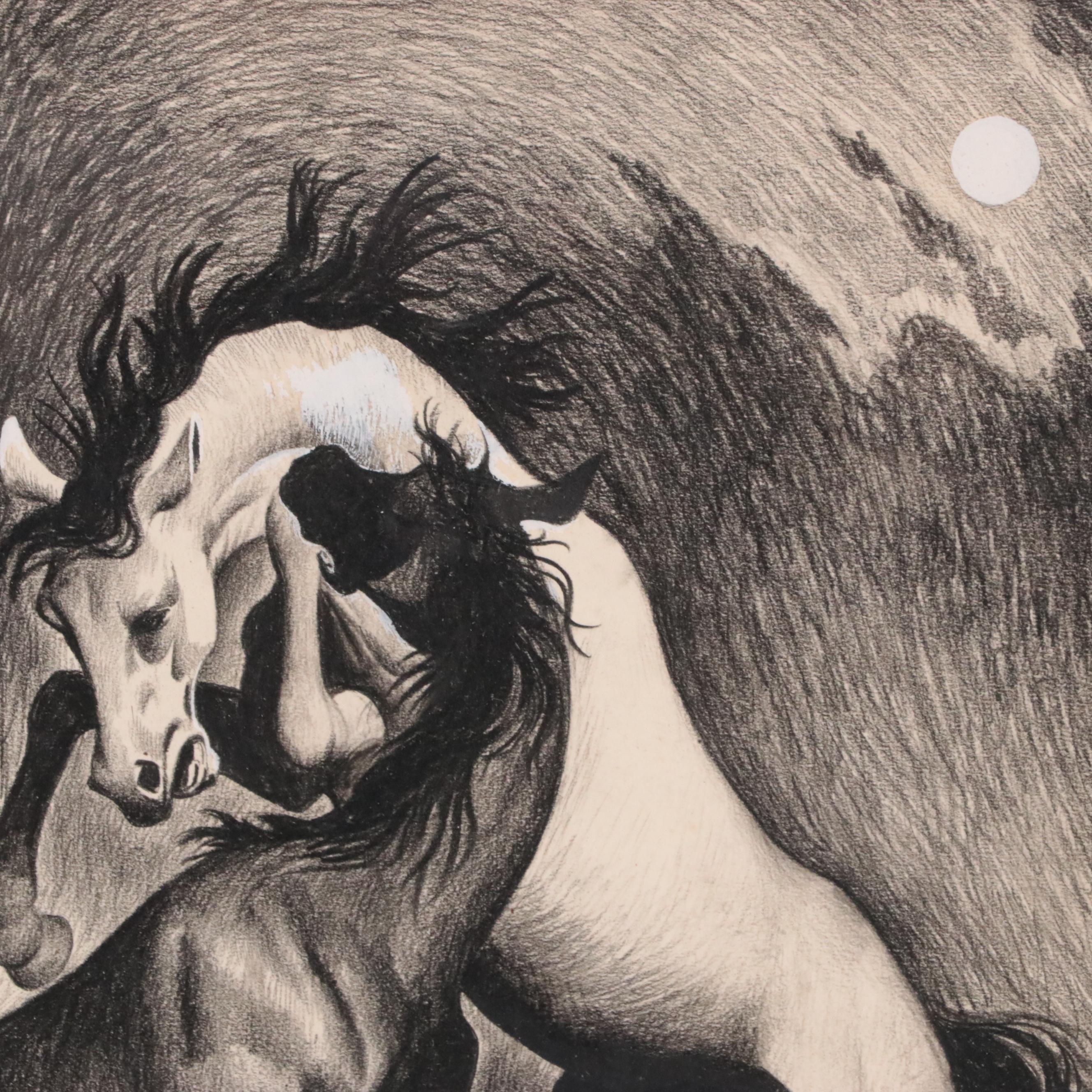 Mixed Media Drawing of Two Horses Fighting