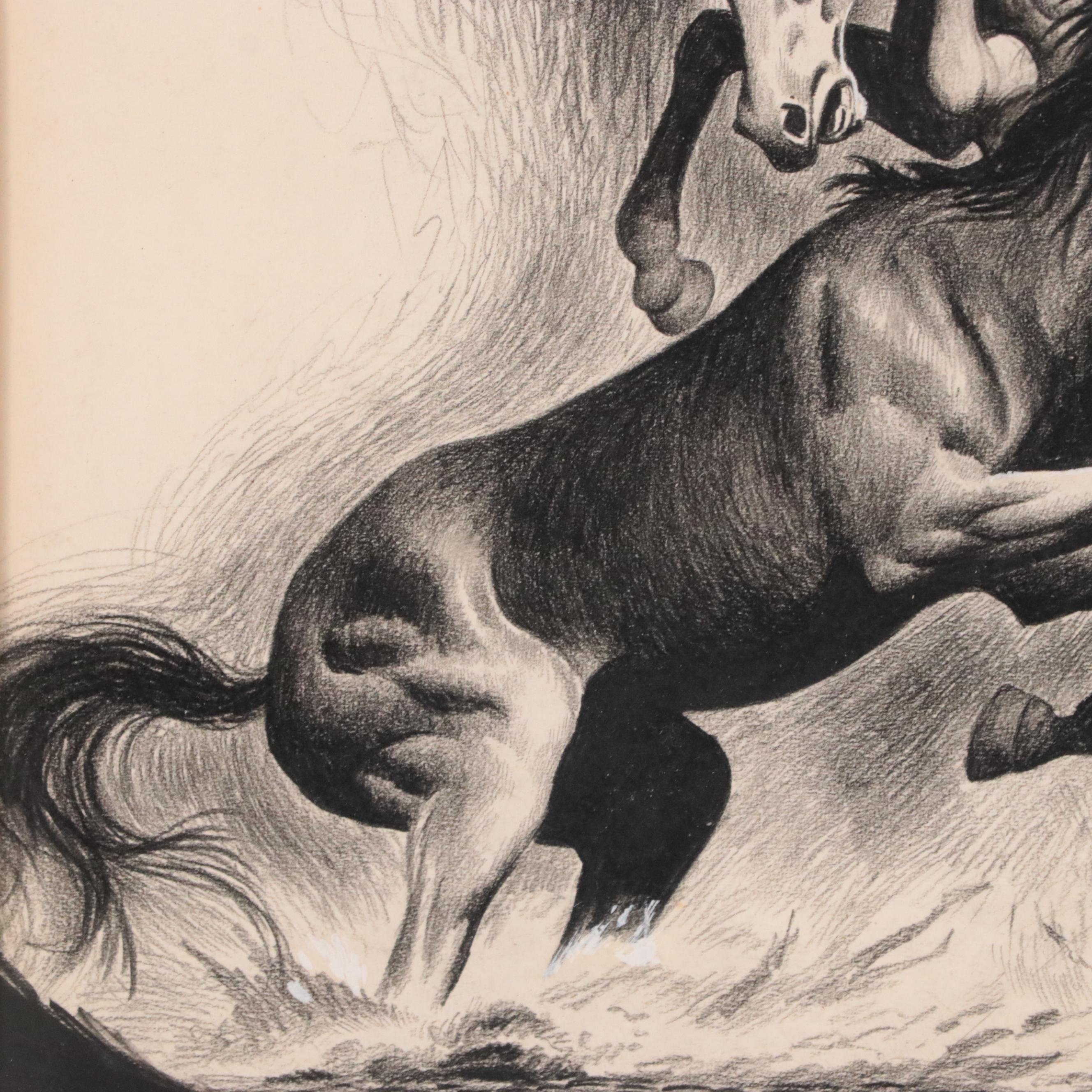 Mixed Media Drawing of Two Horses Fighting