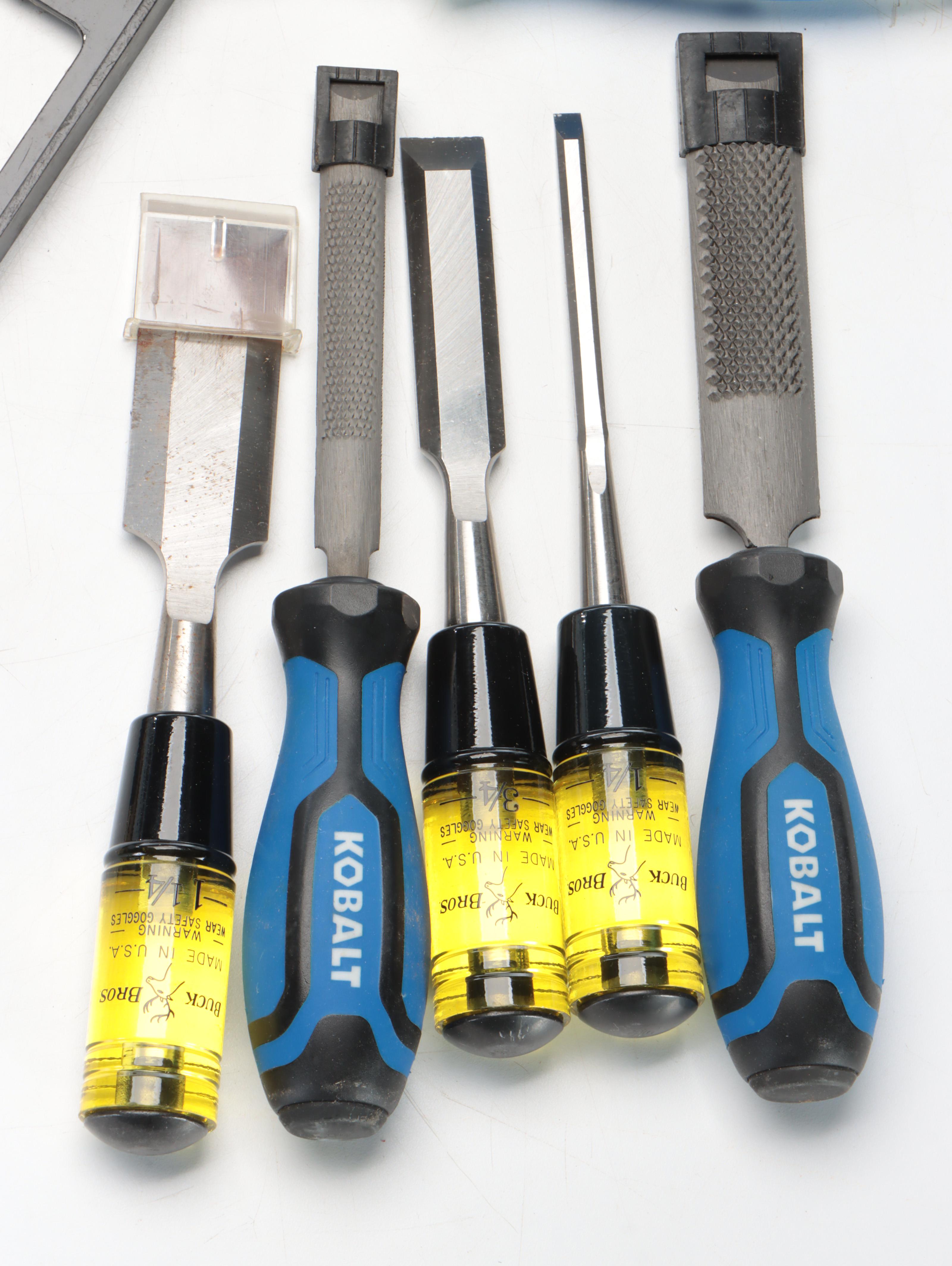 Kobalt Rasps, Stanley FatMax Hand Saw, Chisels and Assorted Measuring Devices