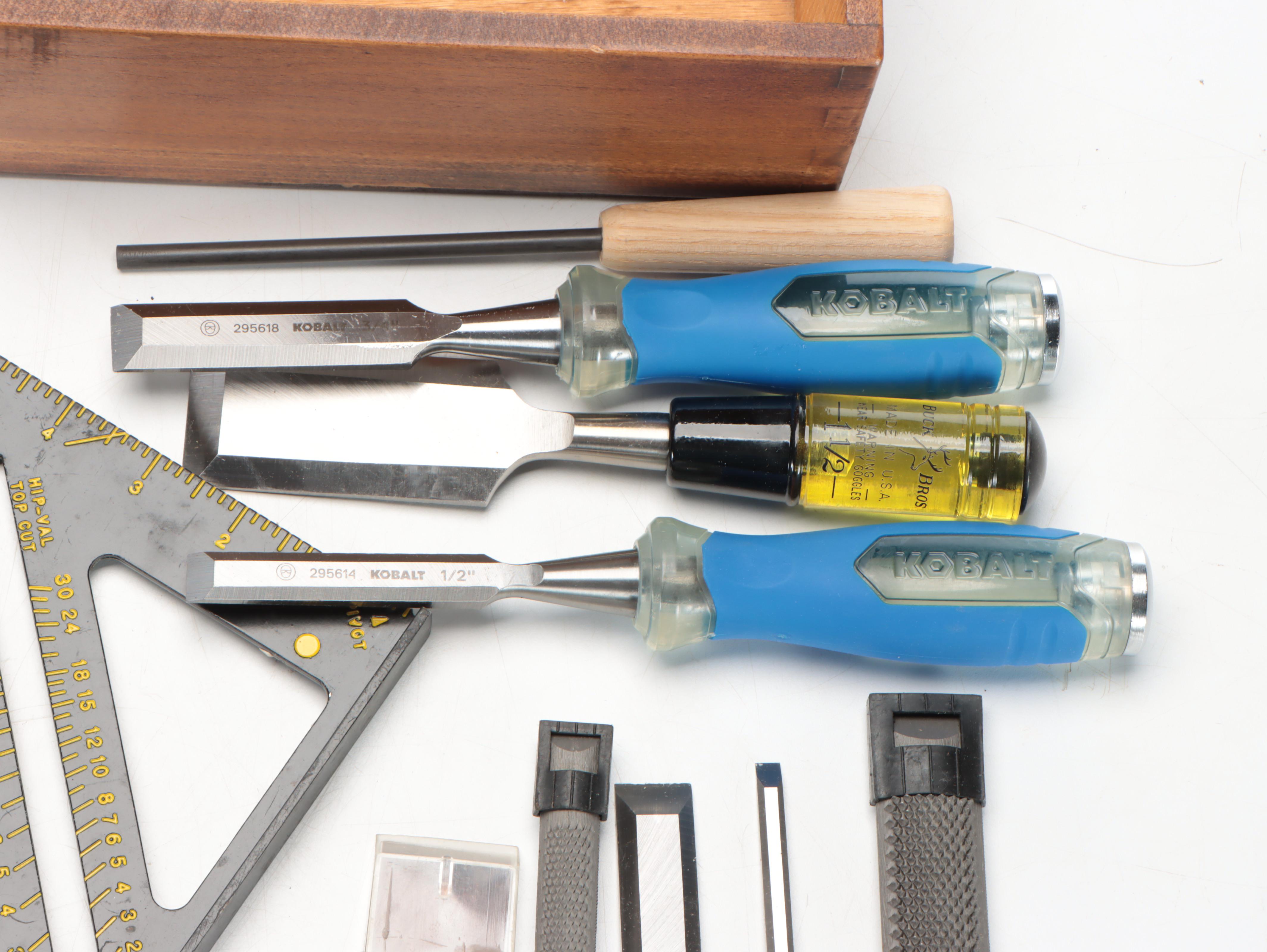 Kobalt Rasps, Stanley FatMax Hand Saw, Chisels and Assorted Measuring Devices