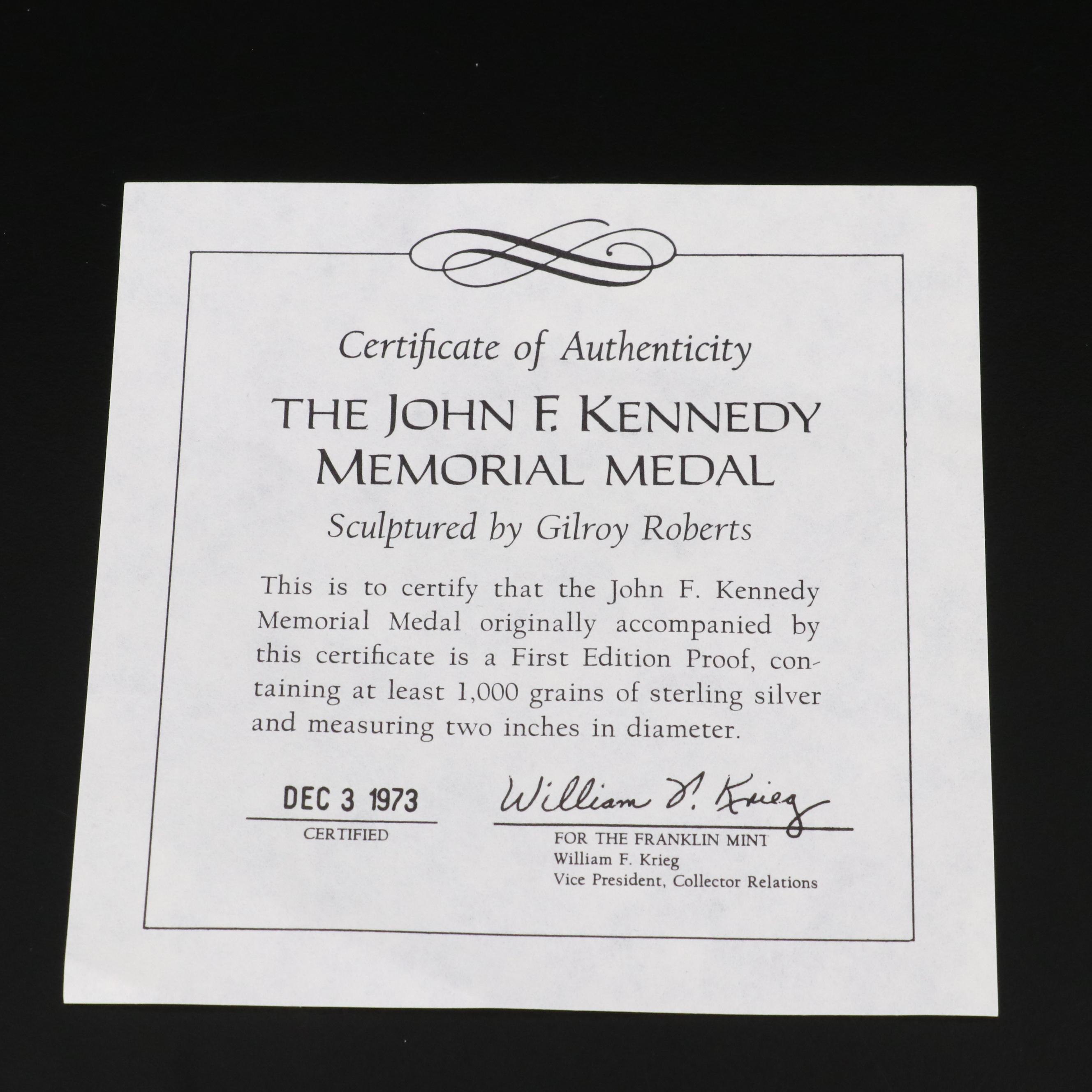 Franklin Mint John F. Kennedy Memorial Silver Medal