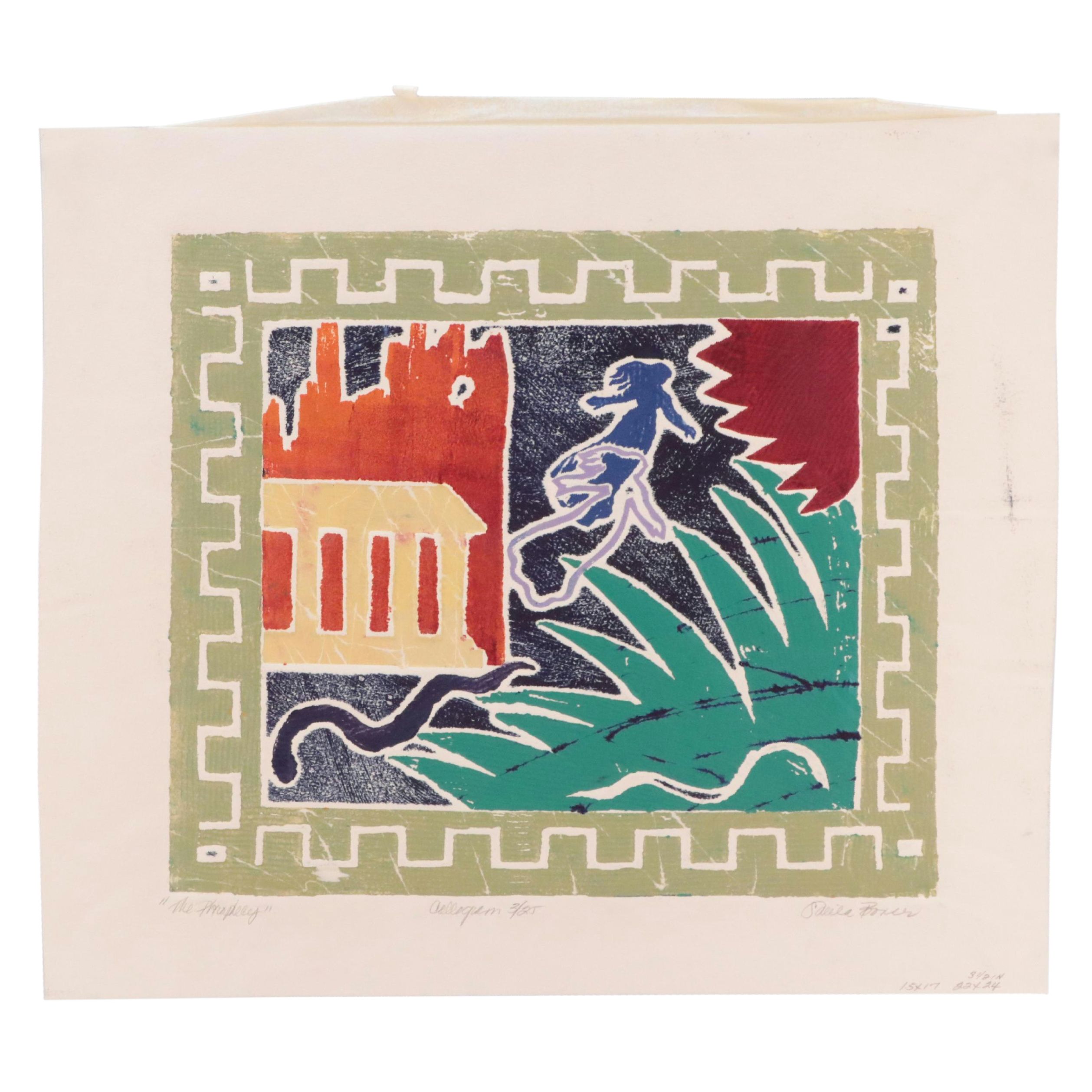 Sheila Bonser Stylized Surrealist Collagraph "The Prophecy"