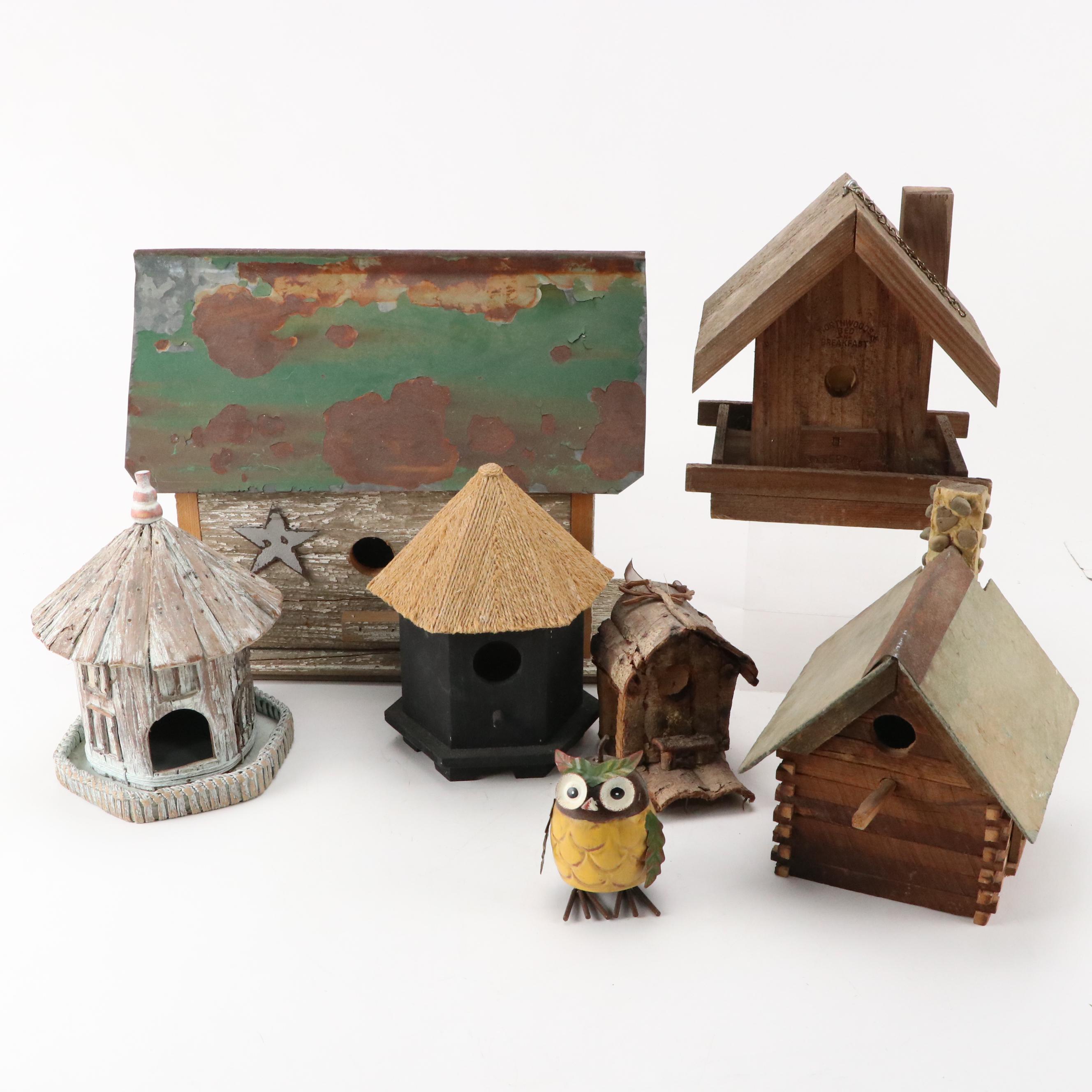 Don Mechanic Ebonized Wood Bird House with Enameled Metal Owl Figurine and More
