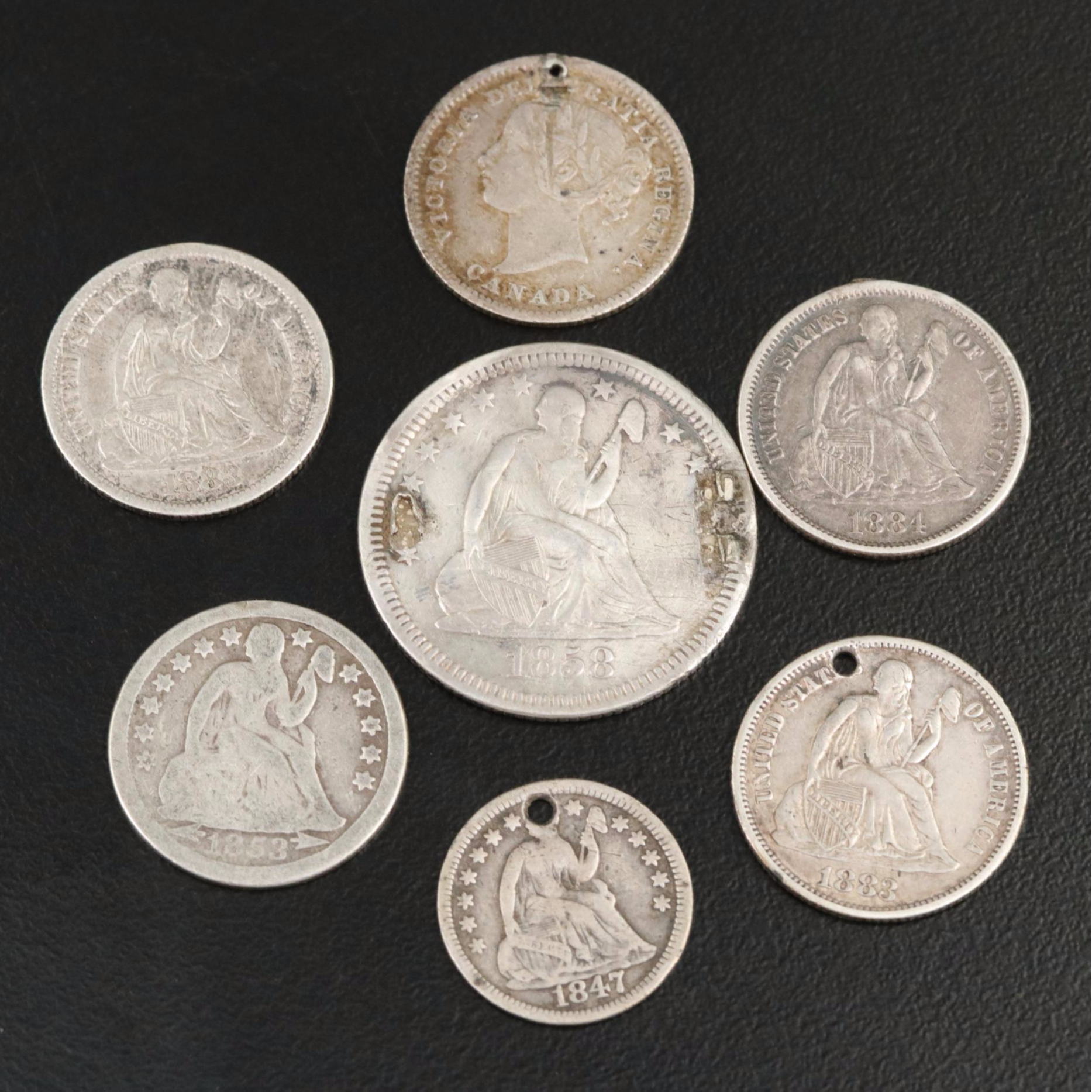 Collection of Seven Silver Love Tokens With an 1858 Quarter