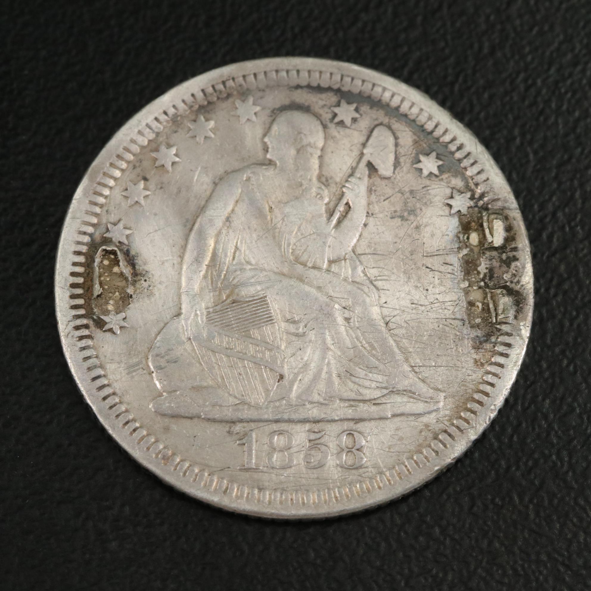 Collection of Seven Silver Love Tokens With an 1858 Quarter