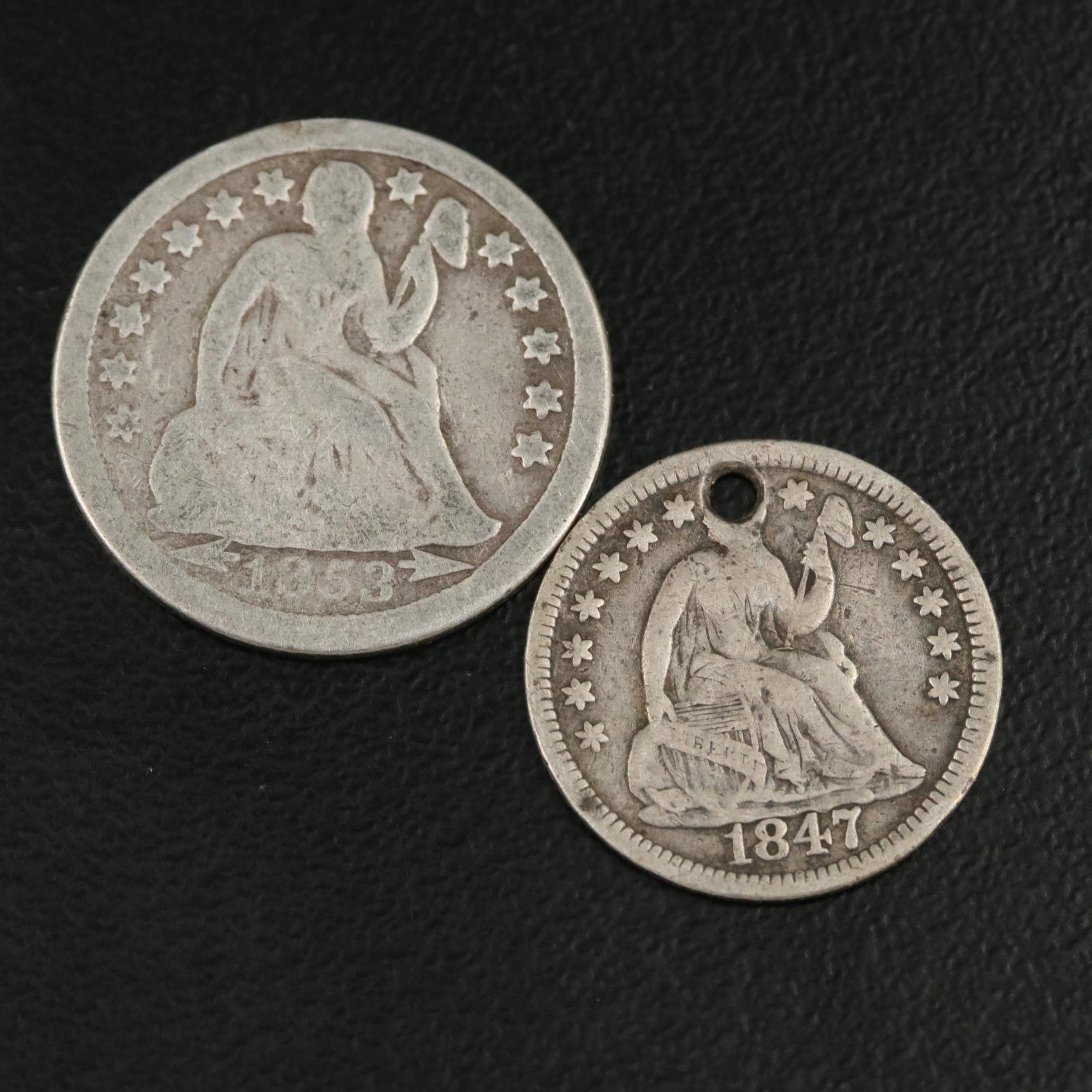 Collection of Seven Silver Love Tokens With an 1858 Quarter