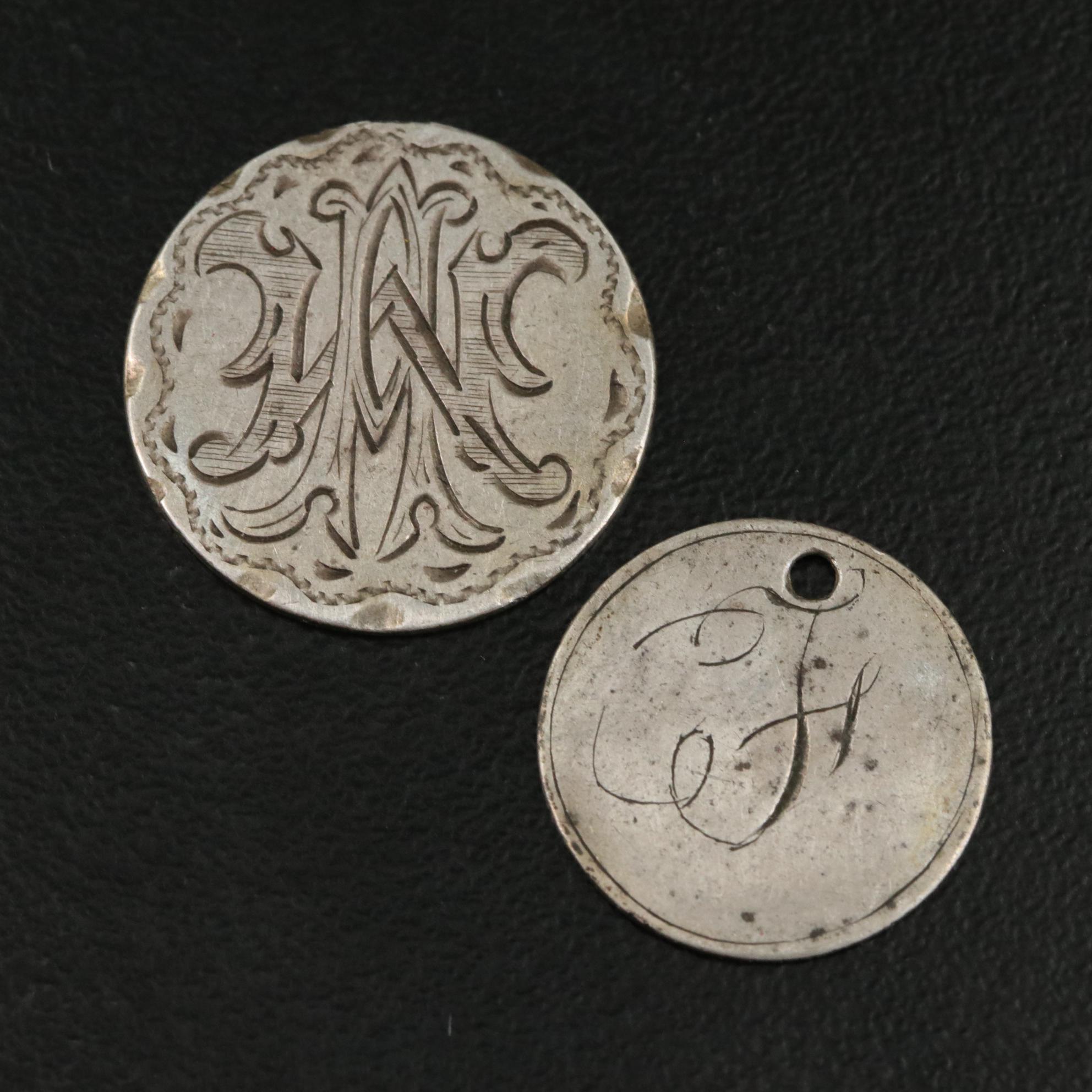 Collection of Seven Silver Love Tokens With an 1858 Quarter