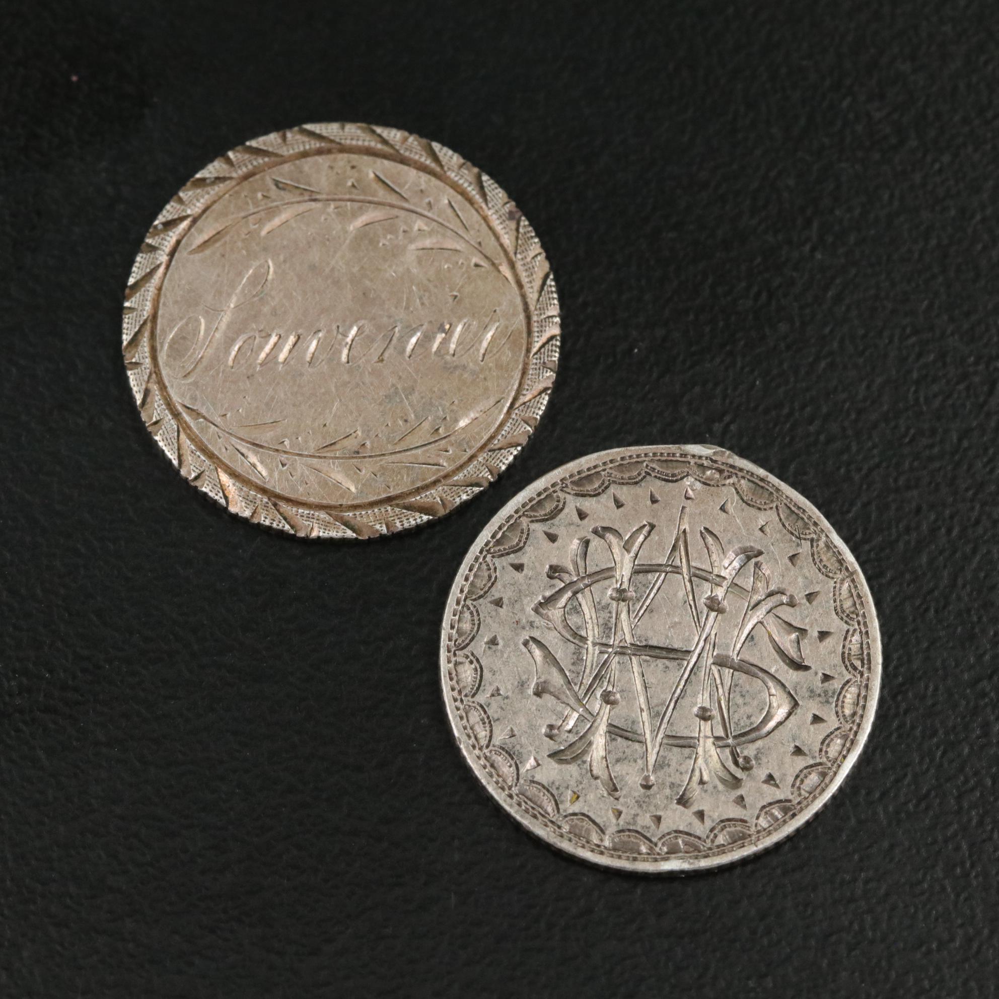 Collection of Seven Silver Love Tokens With an 1858 Quarter
