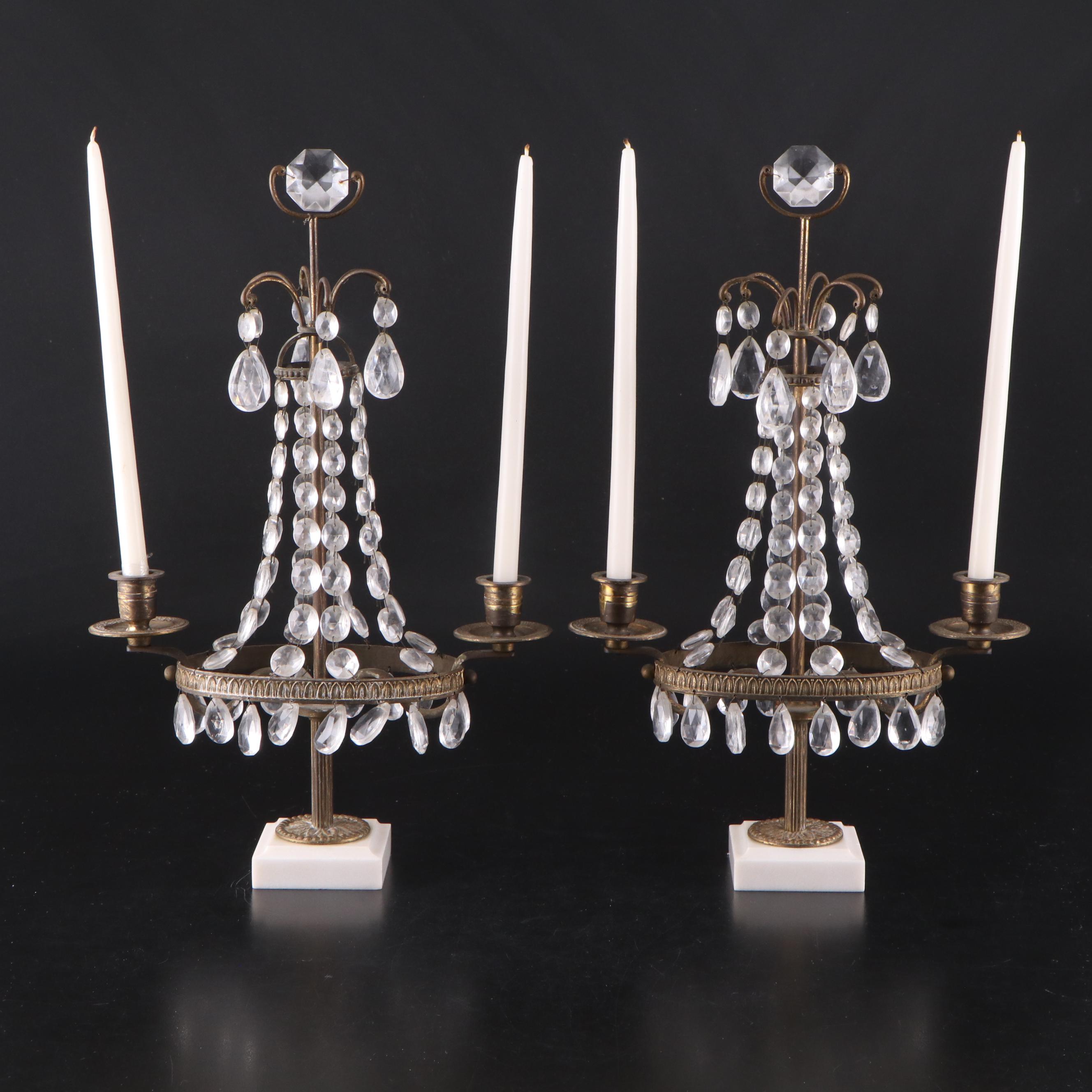 Floral Motif Metal Candelabras with Marble Base and Crystal Prisms
