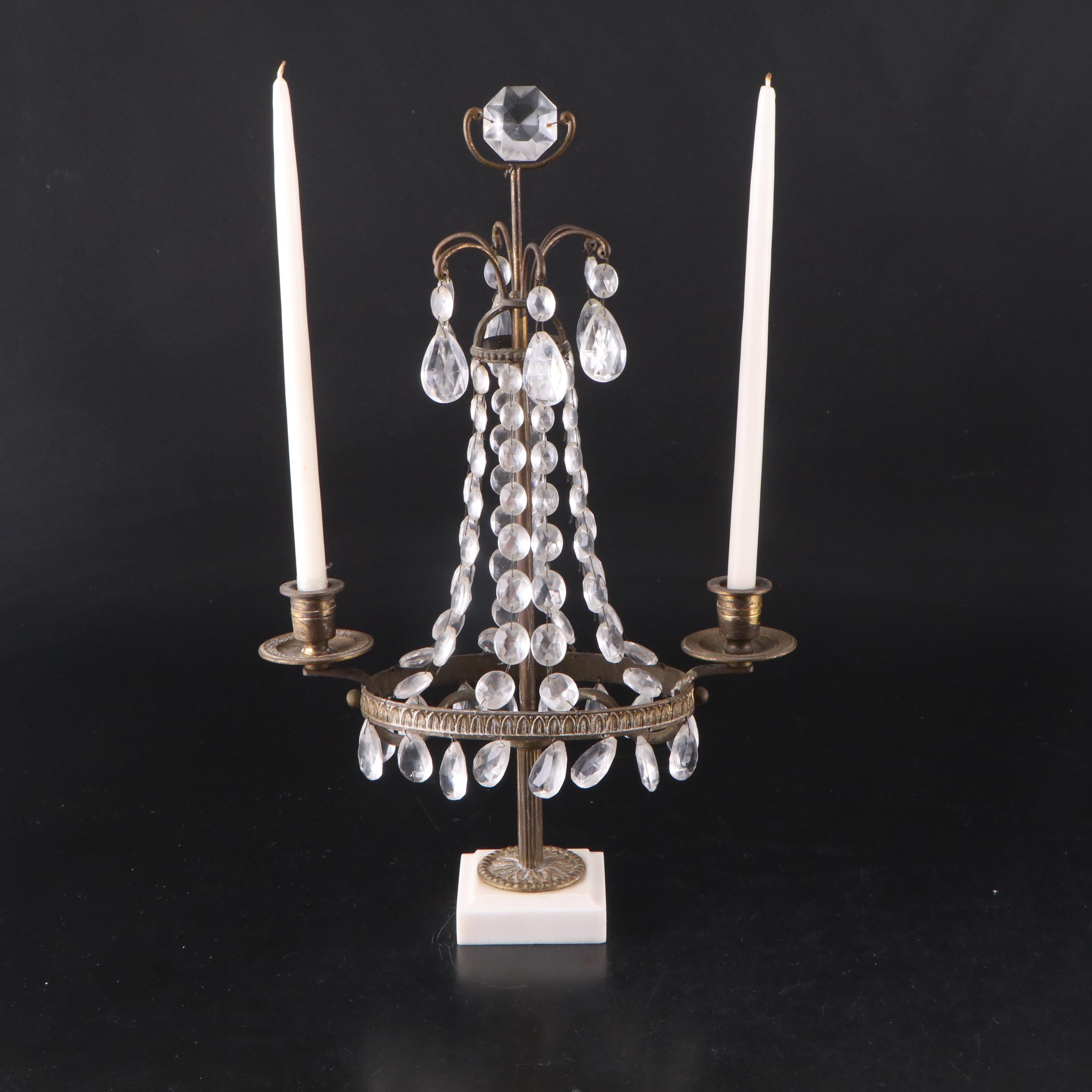 Floral Motif Metal Candelabras with Marble Base and Crystal Prisms