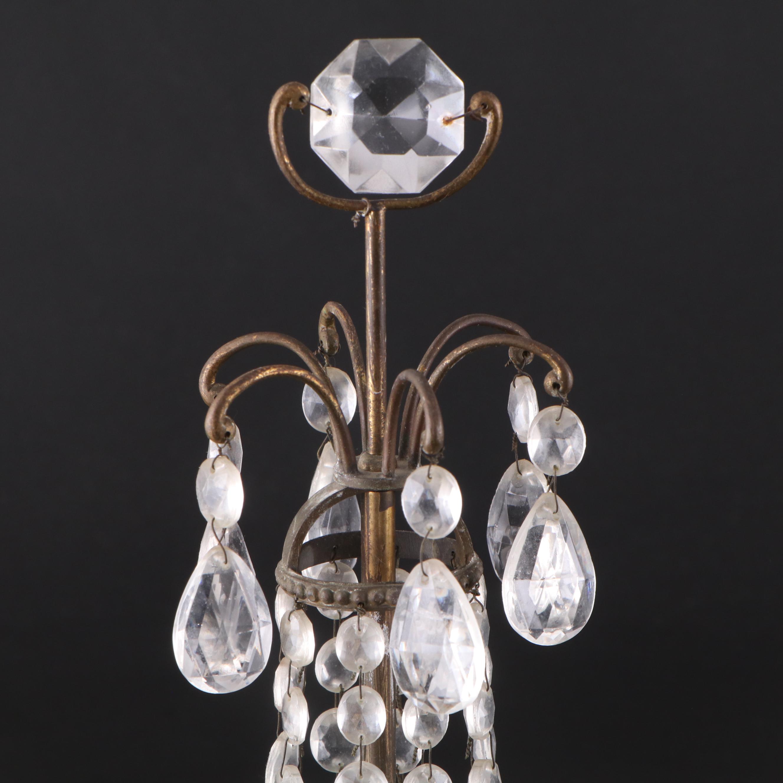 Floral Motif Metal Candelabras with Marble Base and Crystal Prisms