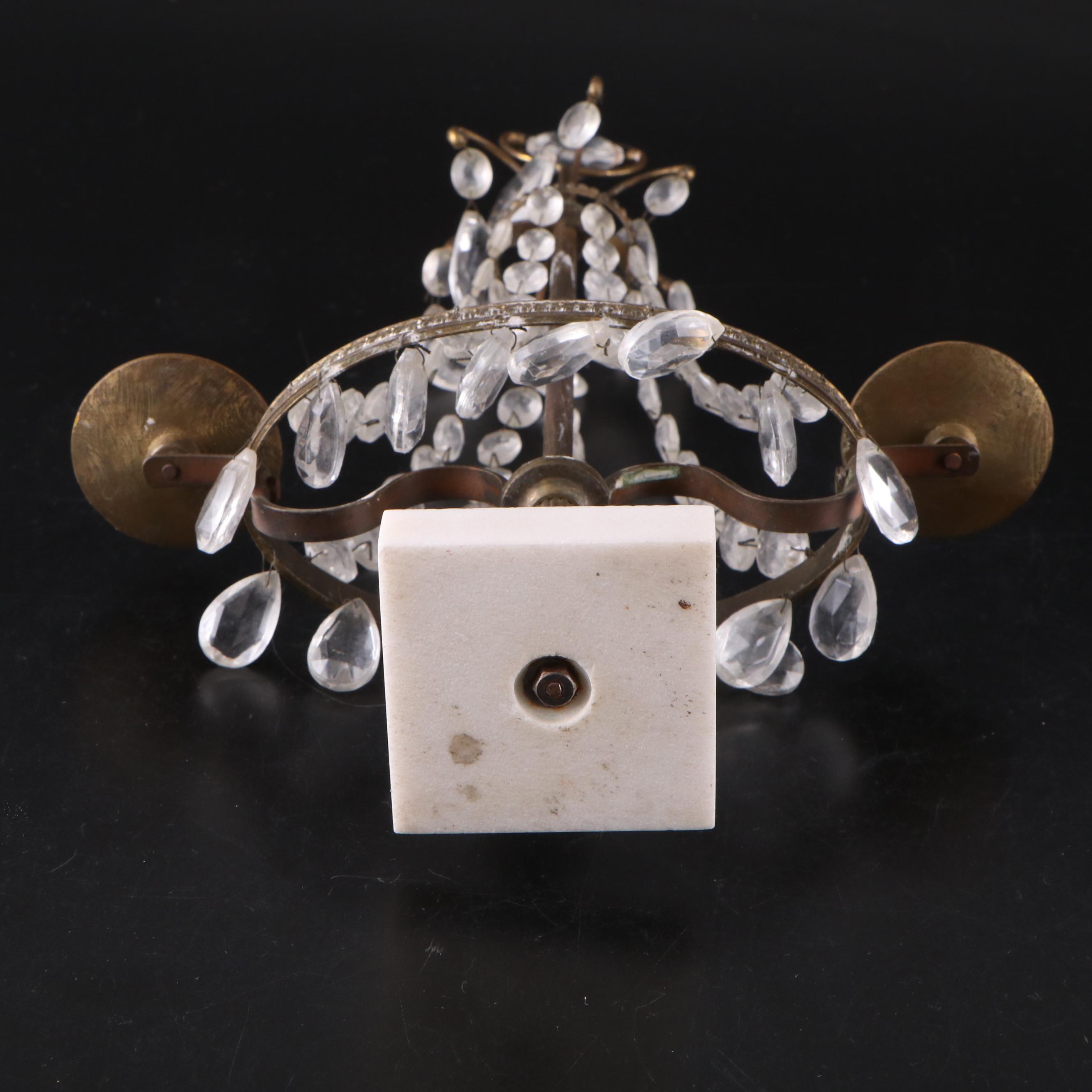 Floral Motif Metal Candelabras with Marble Base and Crystal Prisms