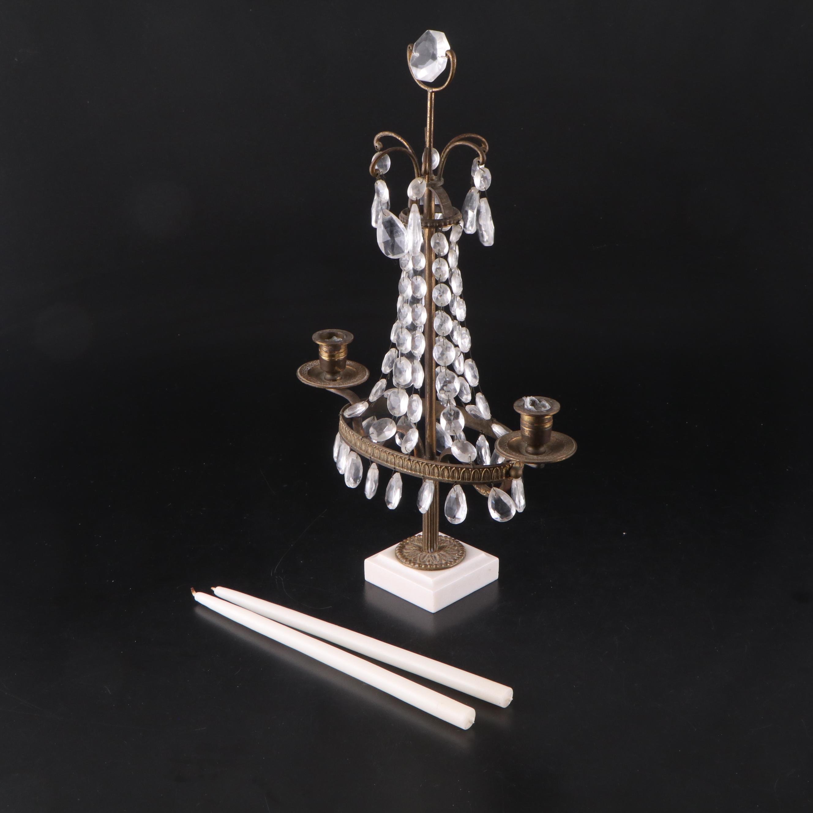 Floral Motif Metal Candelabras with Marble Base and Crystal Prisms