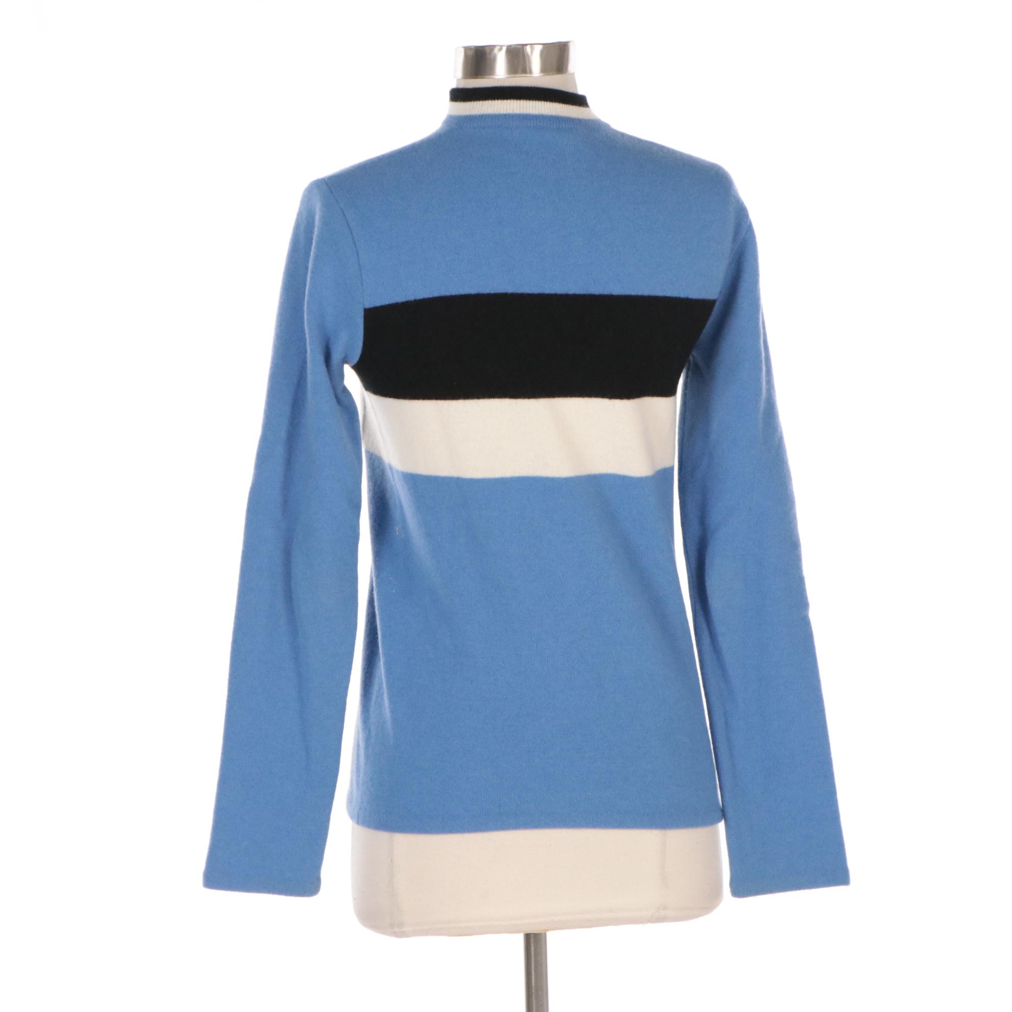 Prada Blue Lambswool Quarter-Zip Sweater with B&W Striped Patch Pocket Accent