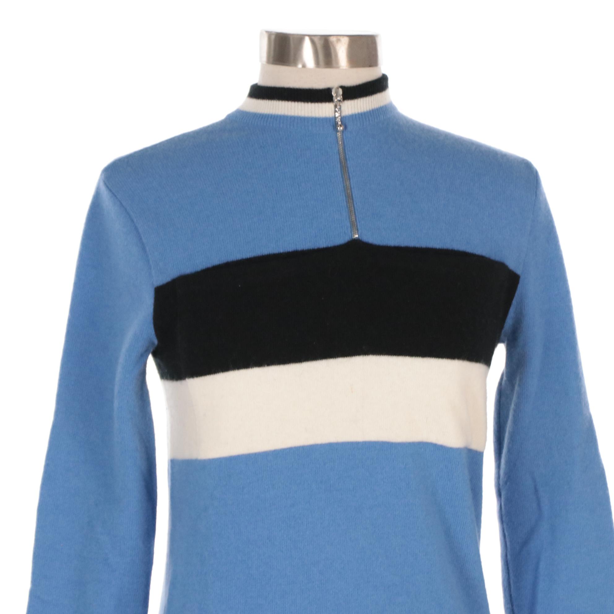 Prada Blue Lambswool Quarter-Zip Sweater with B&W Striped Patch Pocket Accent