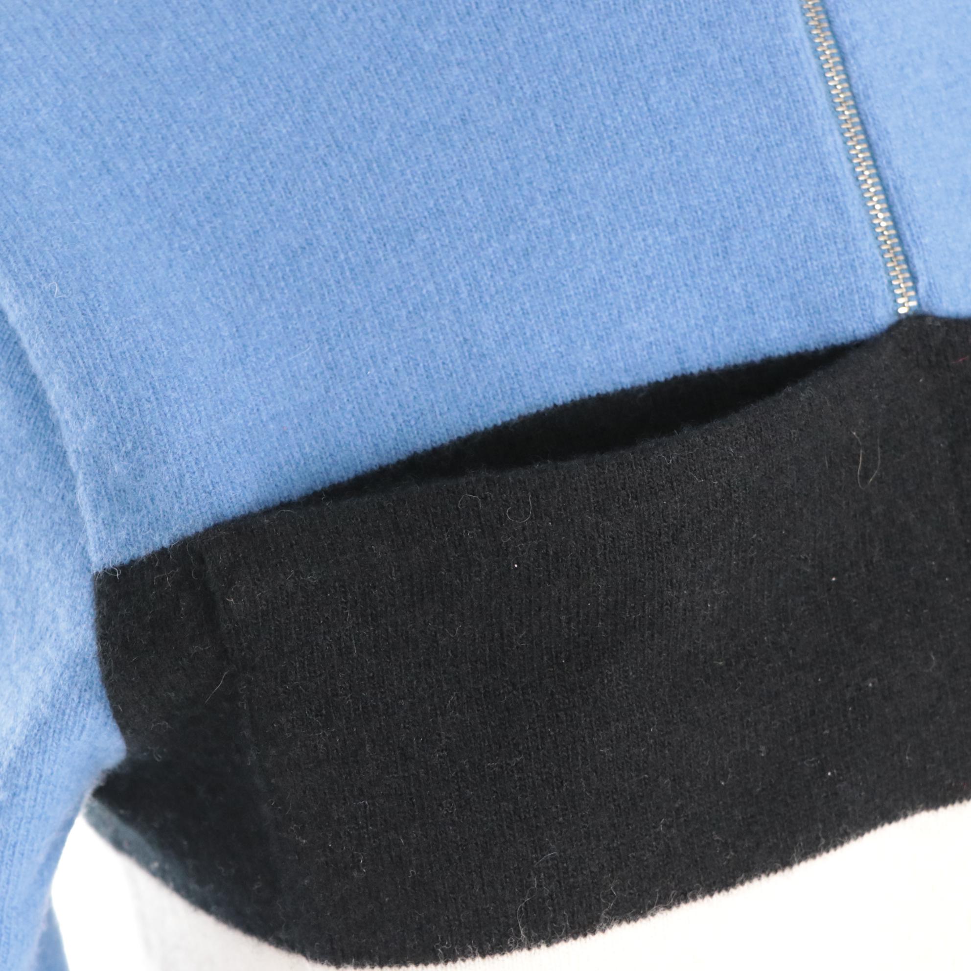 Prada Blue Lambswool Quarter-Zip Sweater with B&W Striped Patch Pocket Accent
