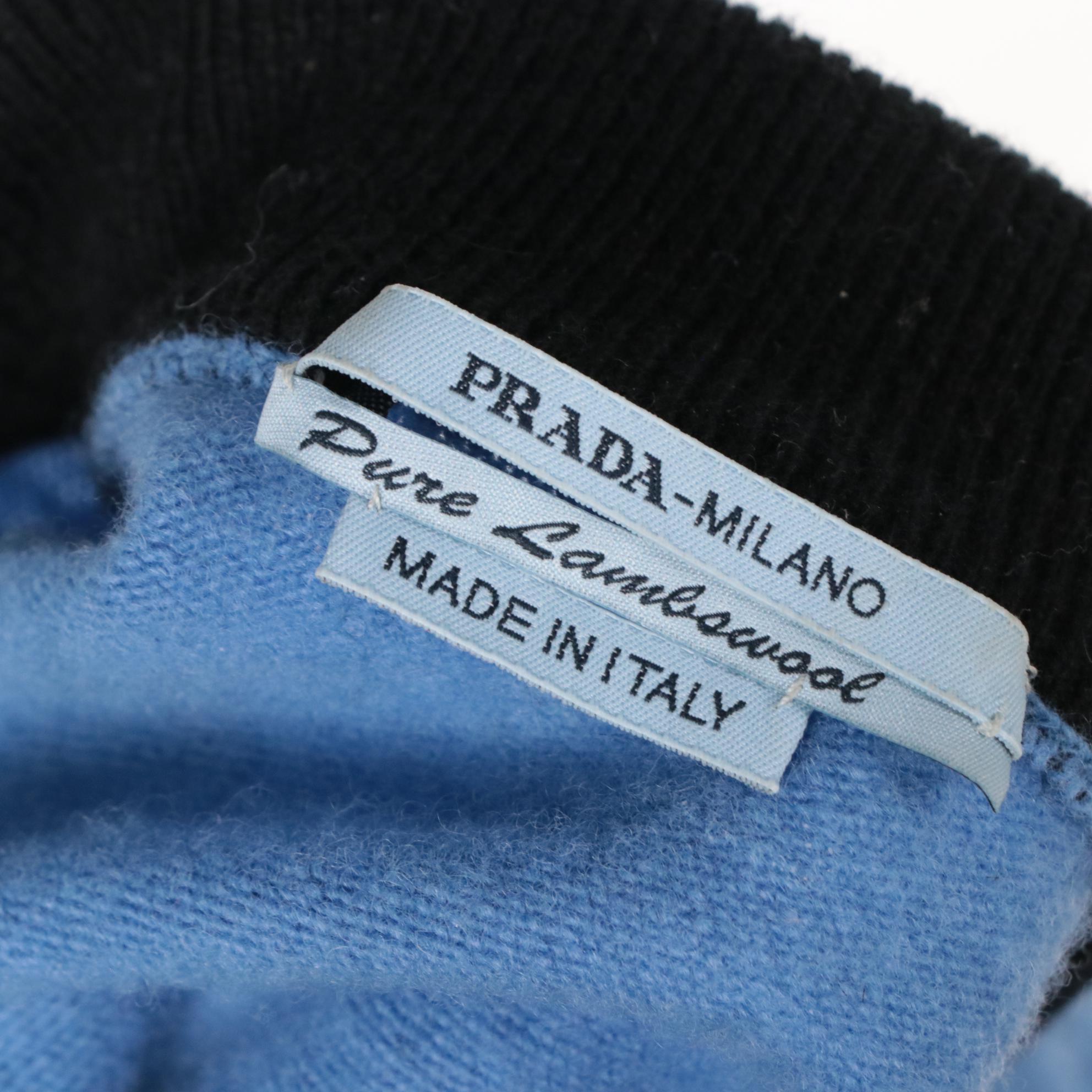 Prada Blue Lambswool Quarter-Zip Sweater with B&W Striped Patch Pocket Accent