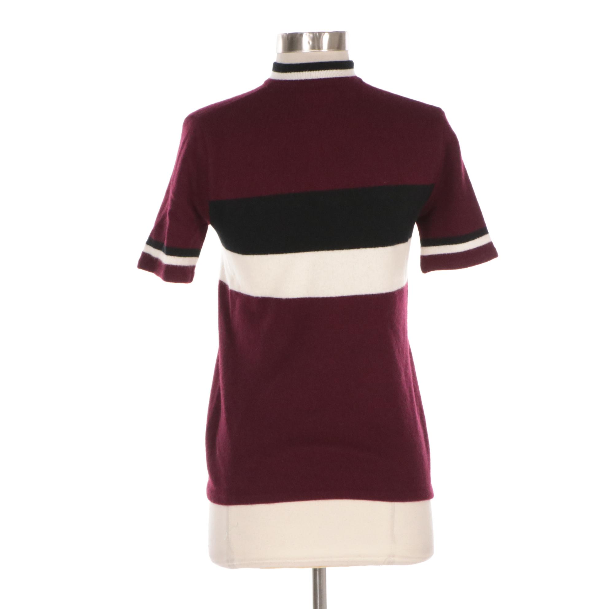 Prada Burgundy Lambswool Quarter-Zip Sweater with B&W Striped Pocket Accent