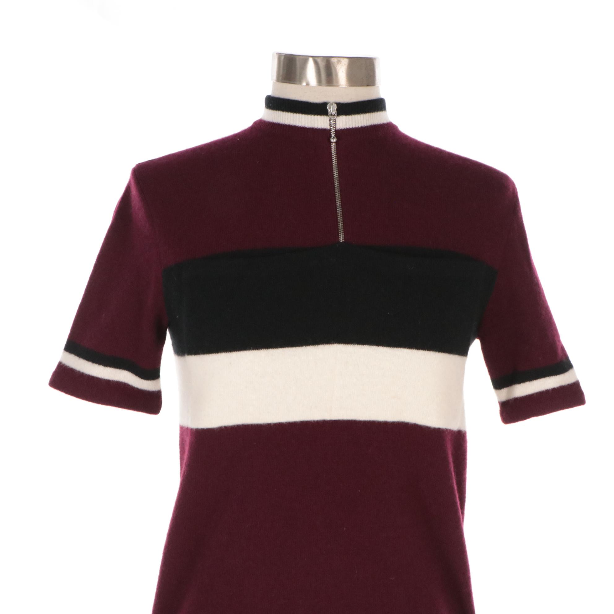 Prada Burgundy Lambswool Quarter-Zip Sweater with B&W Striped Pocket Accent