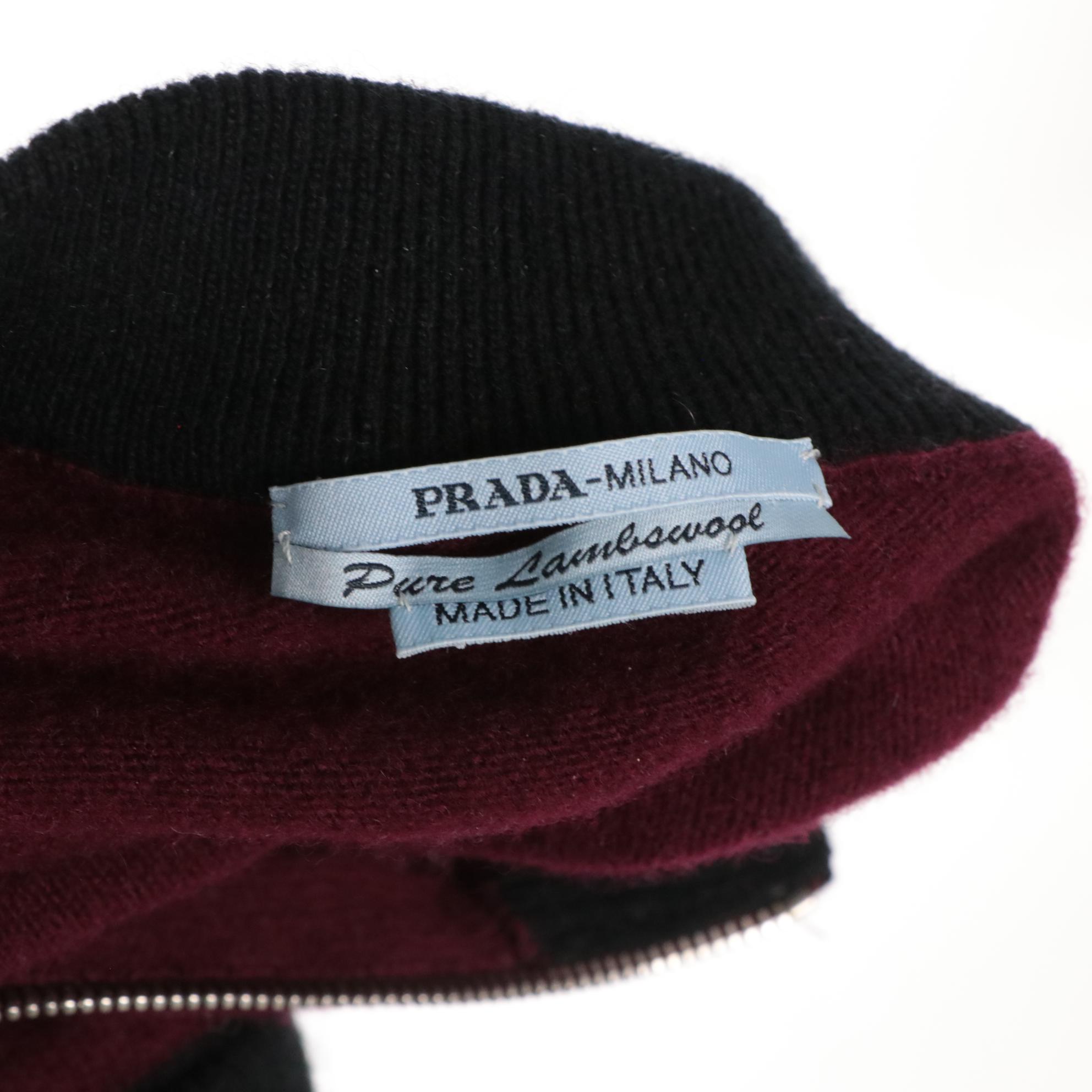 Prada Burgundy Lambswool Quarter-Zip Sweater with B&W Striped Pocket Accent
