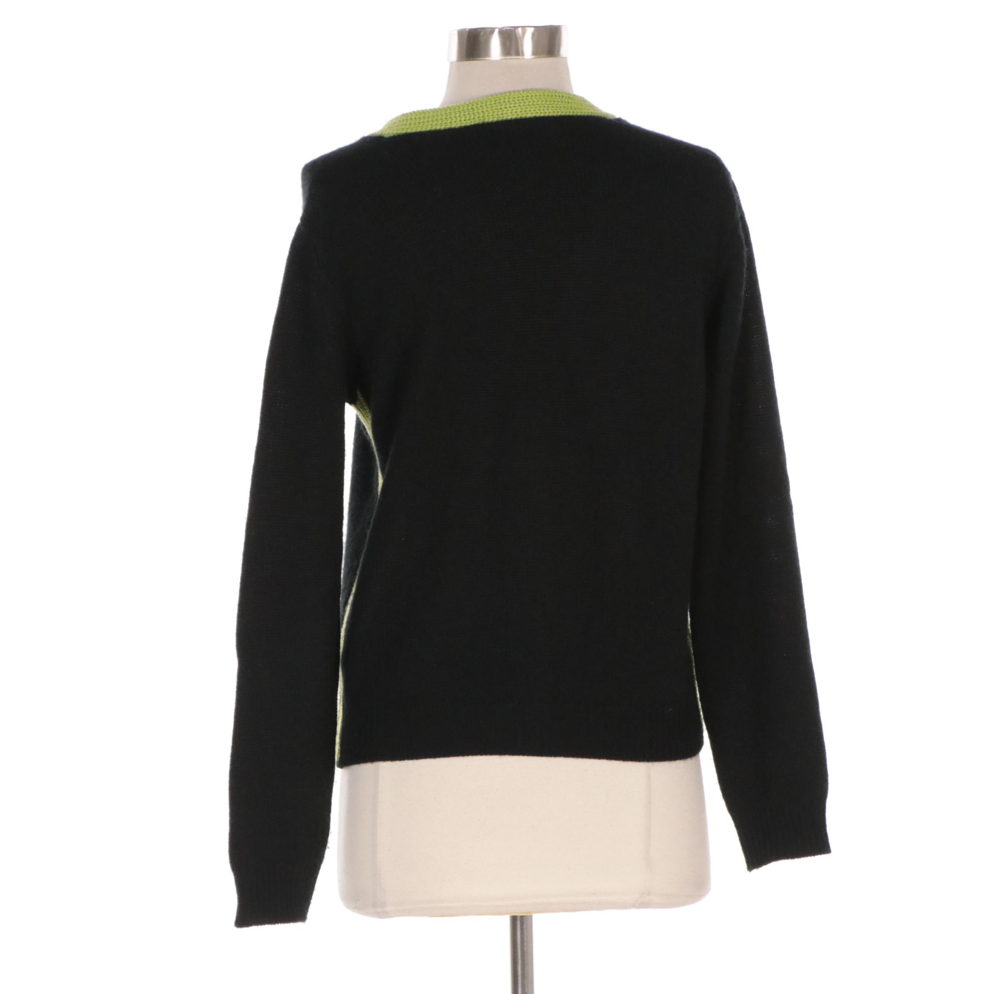 Prada Black Cashmere Knit Cardigan Sweater with Lime Green Trim