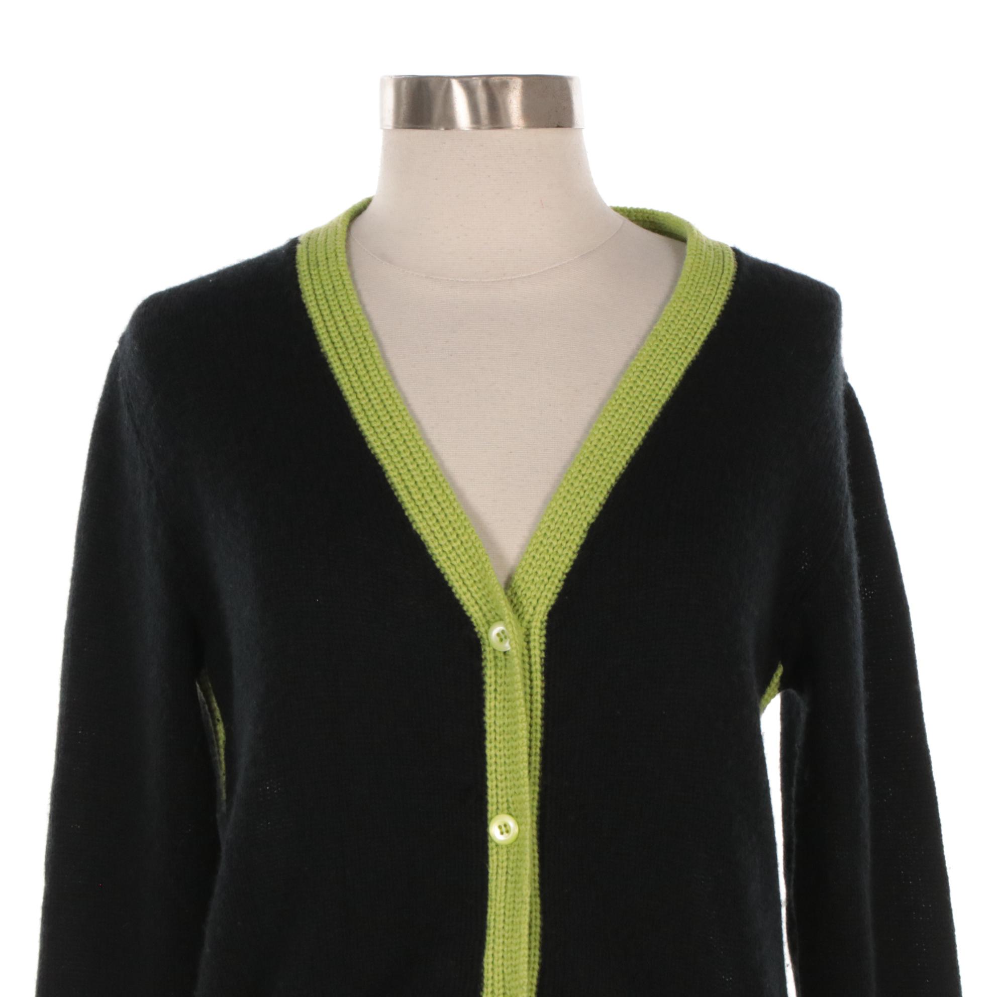 Prada Black Cashmere Knit Cardigan Sweater with Lime Green Trim