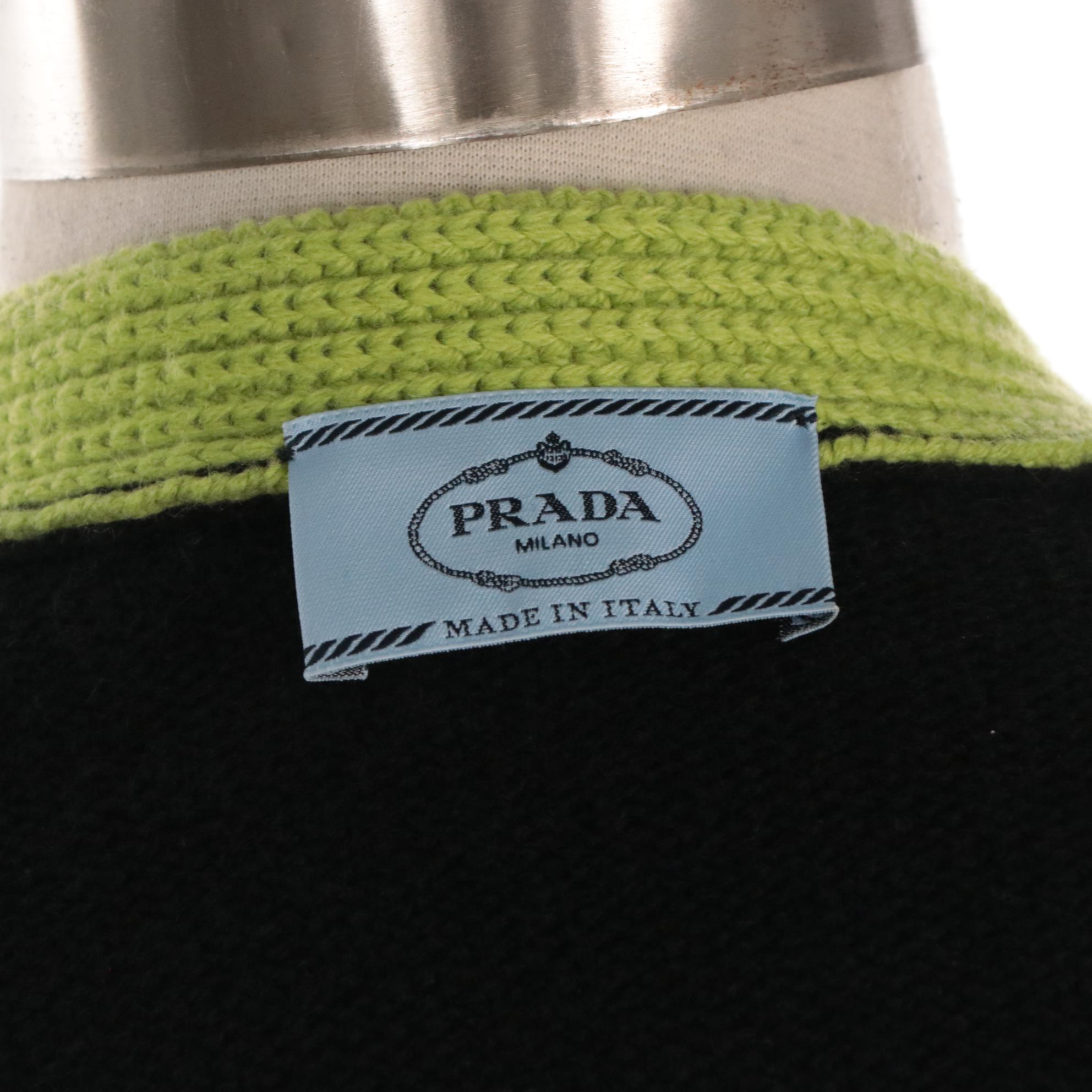Prada Black Cashmere Knit Cardigan Sweater with Lime Green Trim