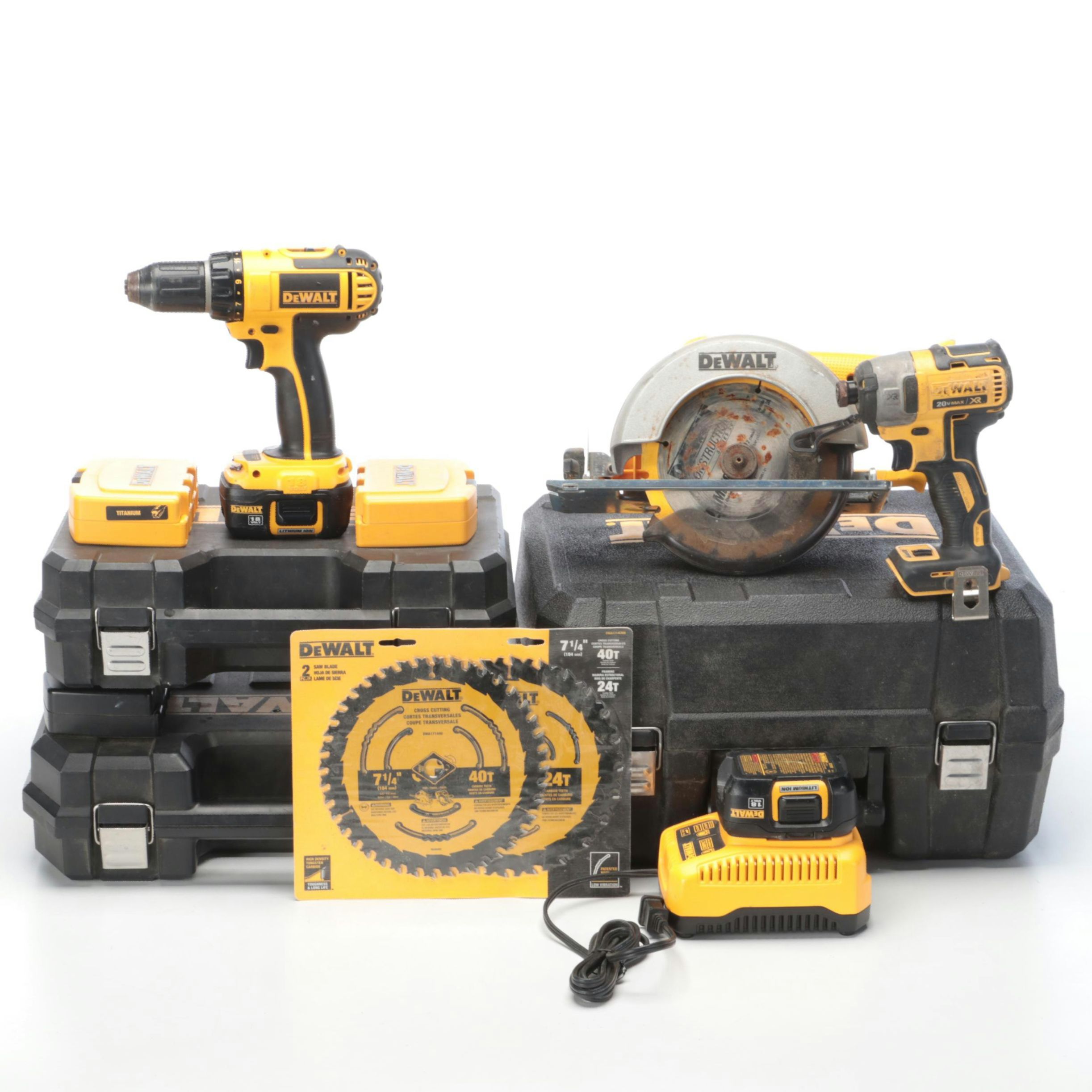 DeWalt Cordless Drills with Cases & Circular Saw, Drill Bits, Charger, More