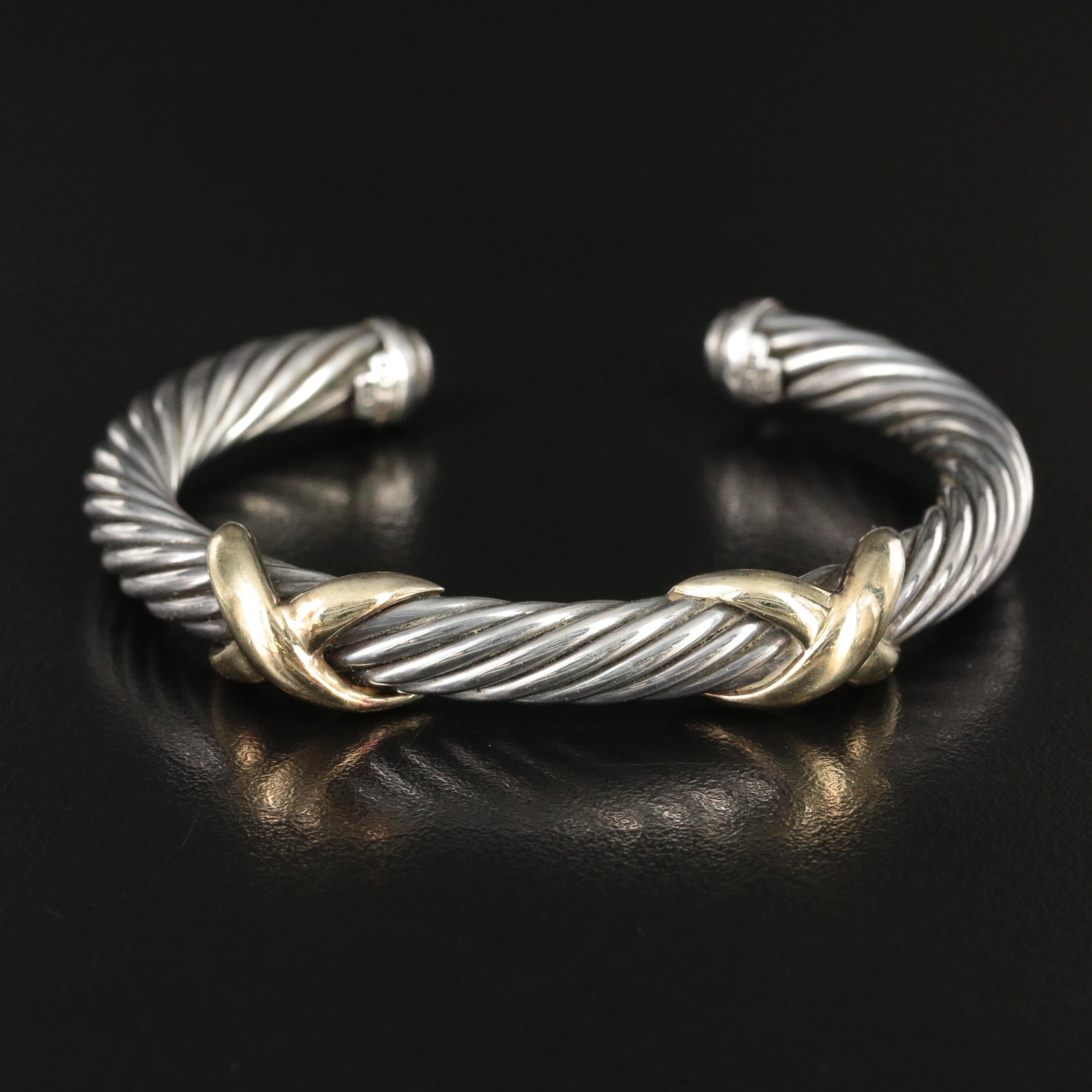 David Yurman Sterling and 14K Double X Cable Cuff Bracelet