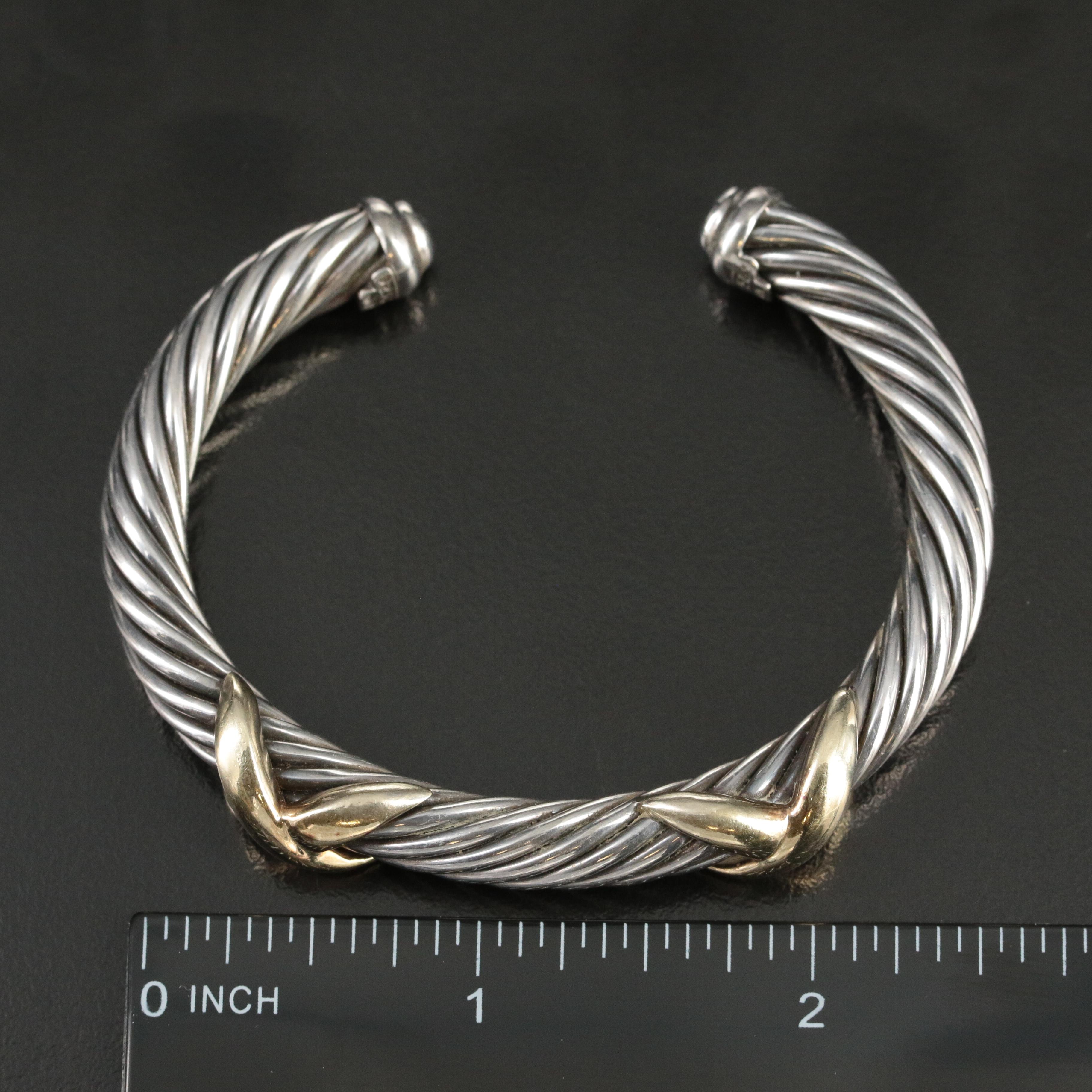 David Yurman Sterling and 14K Double X Cable Cuff Bracelet