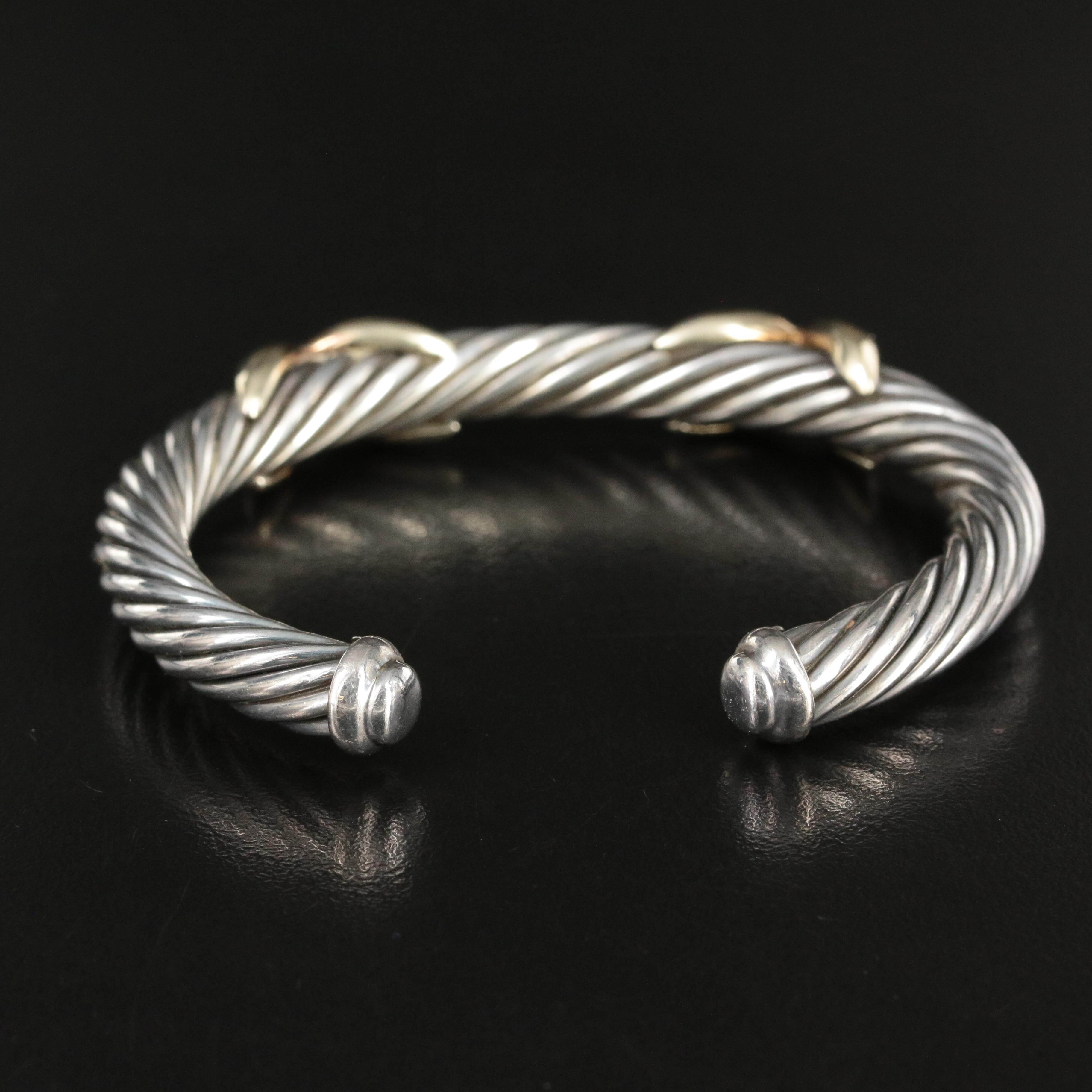 David Yurman Sterling and 14K Double X Cable Cuff Bracelet