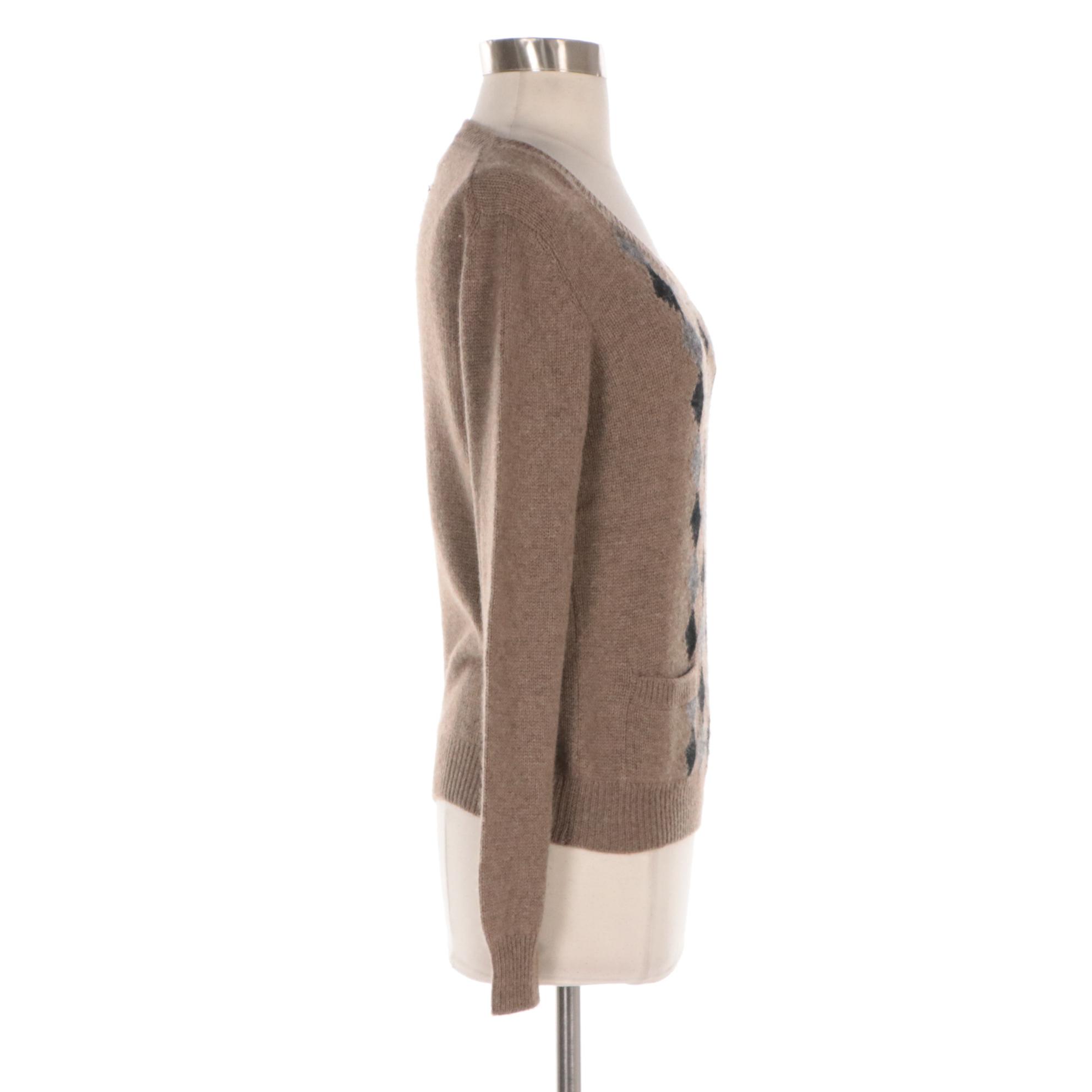 Prada Taupe Argyle Intarsia Knit Cashmere Sweater