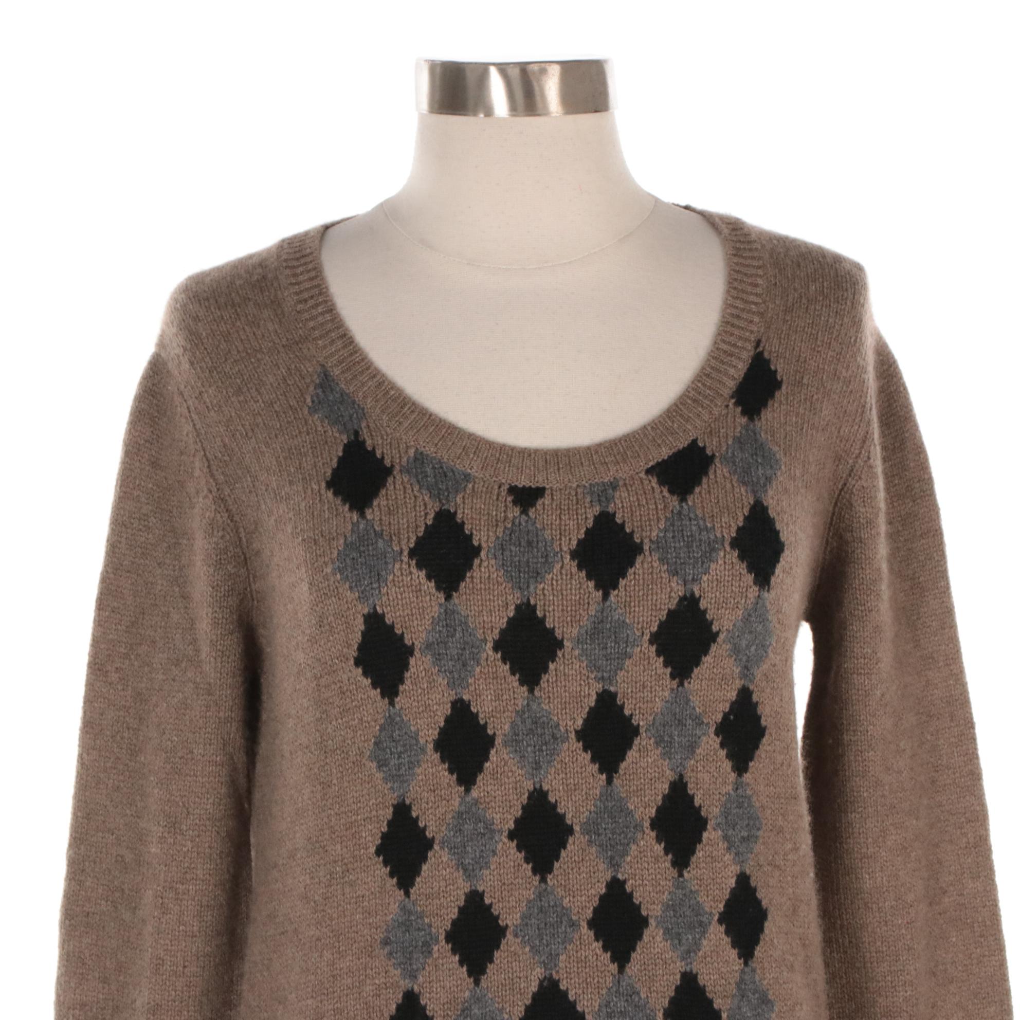 Prada Taupe Argyle Intarsia Knit Cashmere Sweater