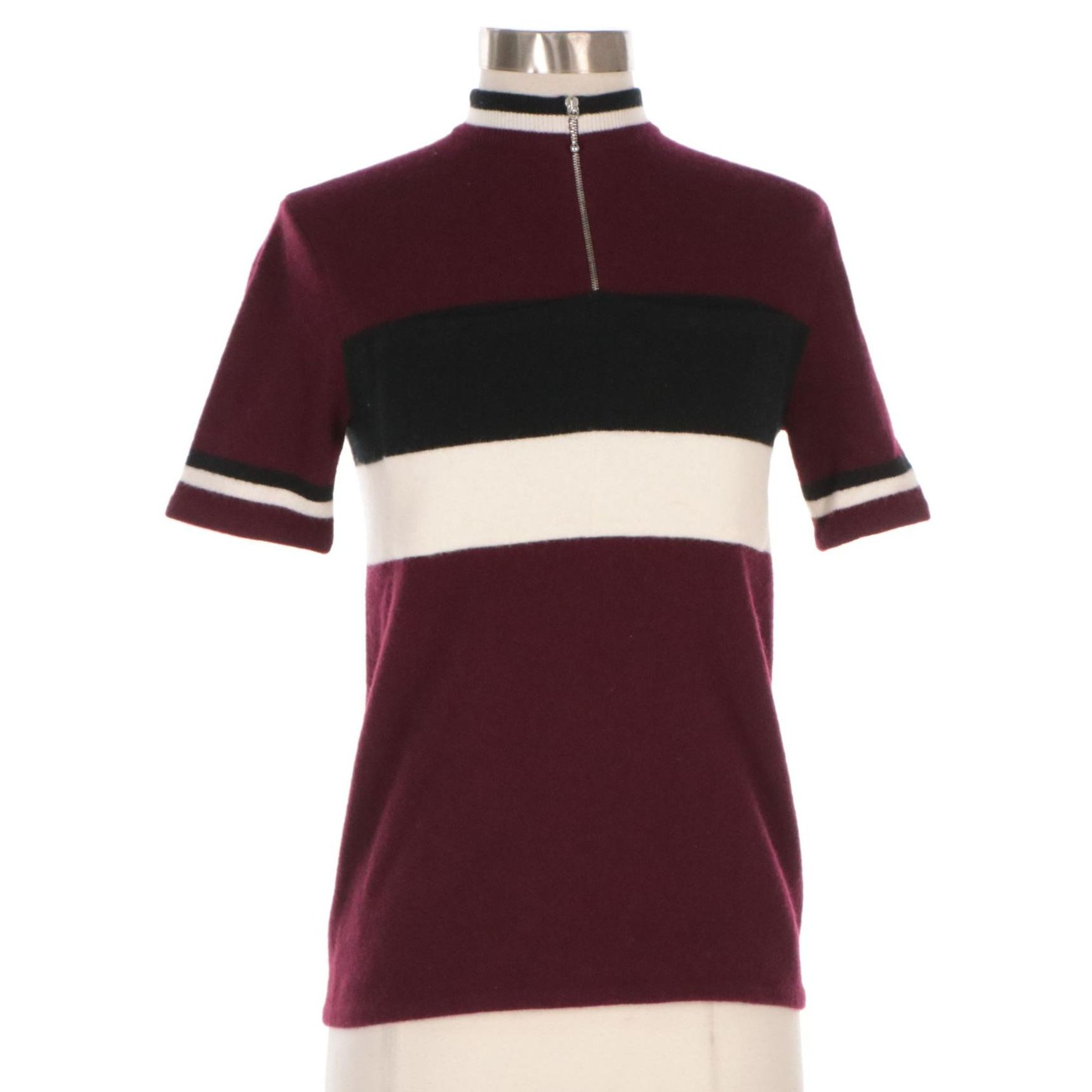 Prada Burgundy Lambswool Quarter-Zip Sweater with B&W Striped Pocket Accent