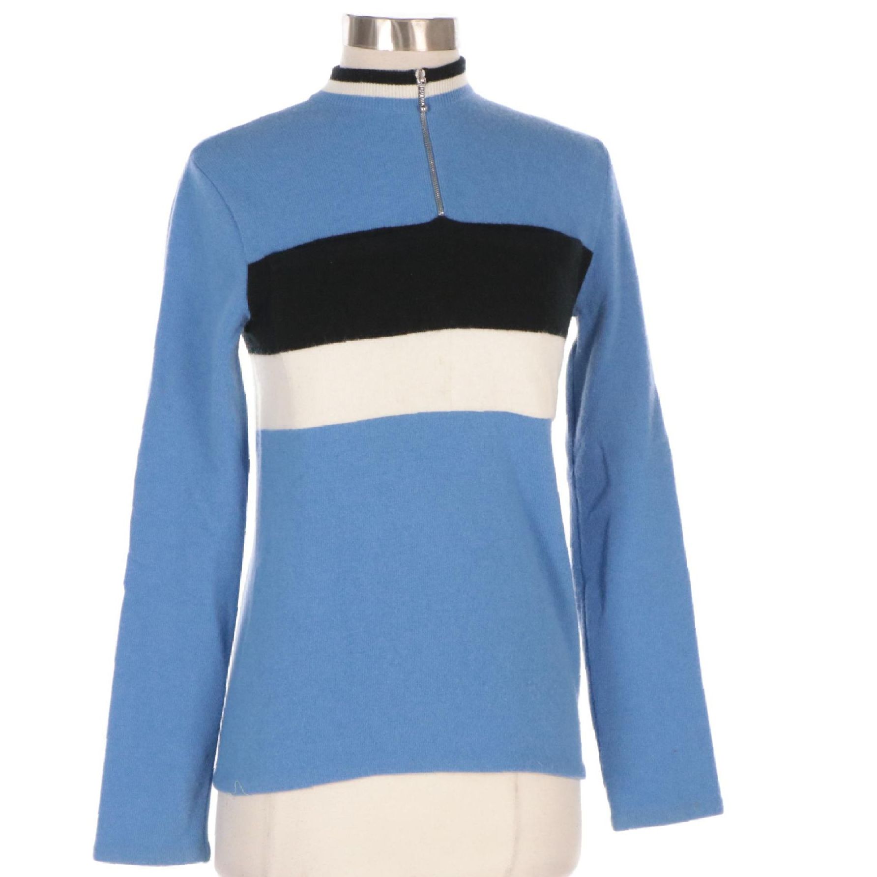 Prada Blue Lambswool Quarter-Zip Sweater with B&W Striped Patch Pocket Accent