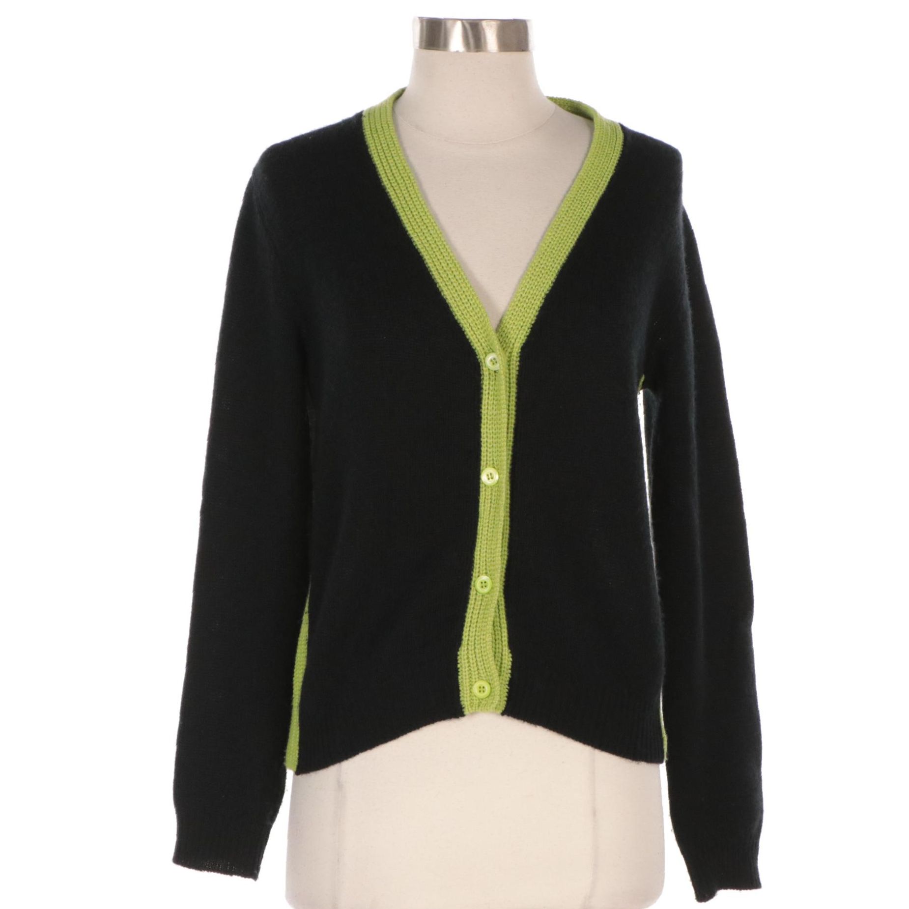 Prada Black Cashmere Knit Cardigan Sweater with Lime Green Trim