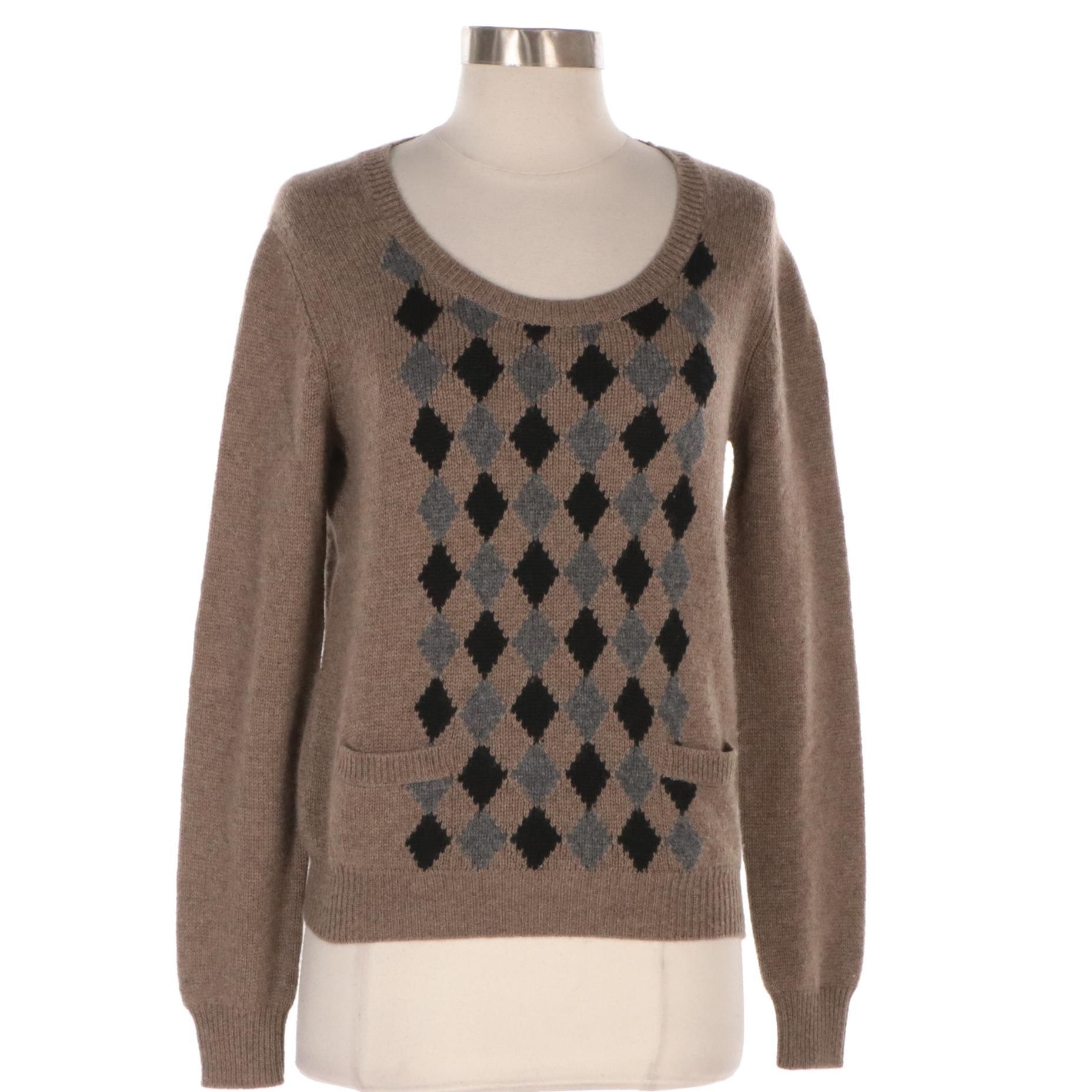 Prada Taupe Argyle Intarsia Knit Cashmere Sweater
