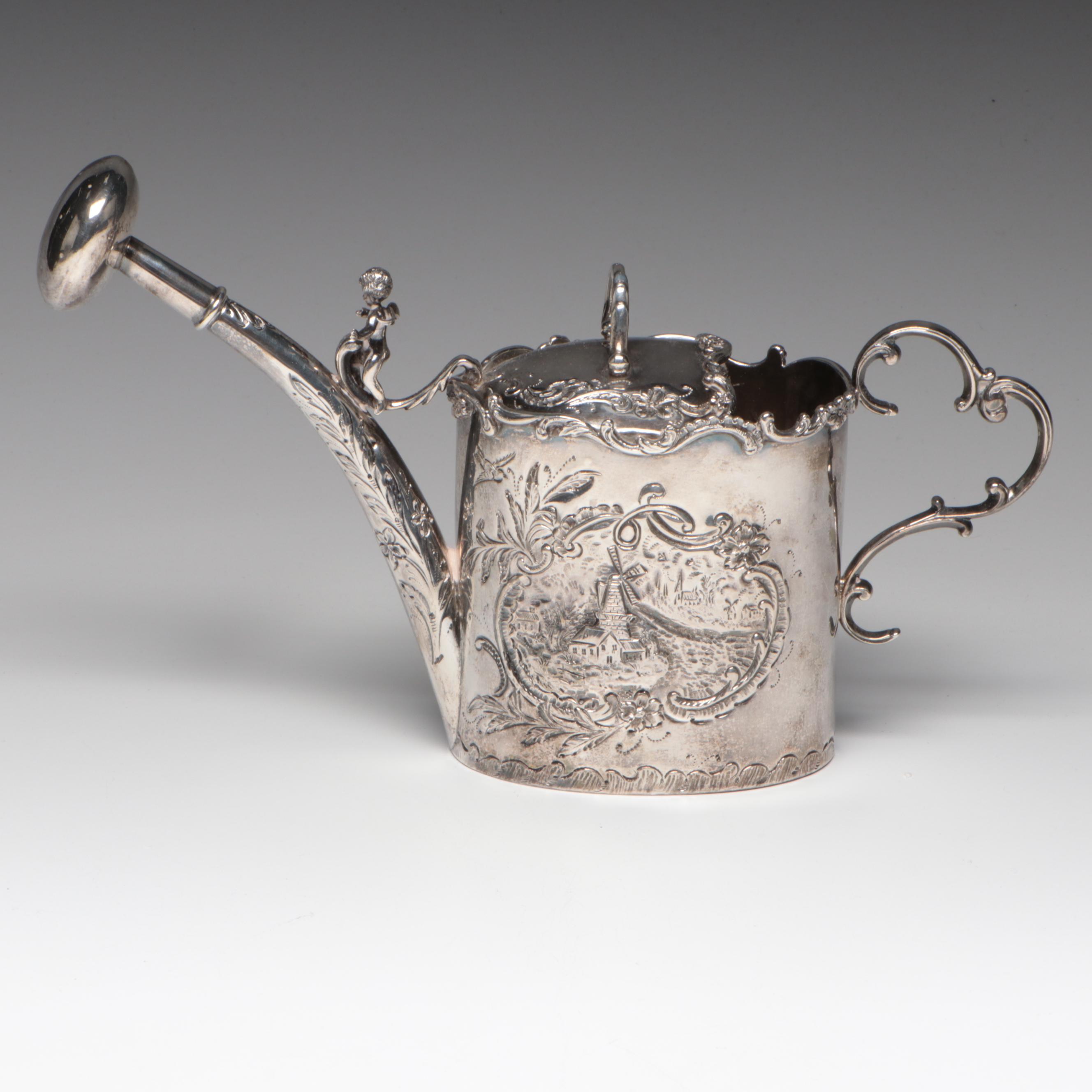 Dutch Export 833 Silver Baroque Style Watering Can with Winged Putto, 1902