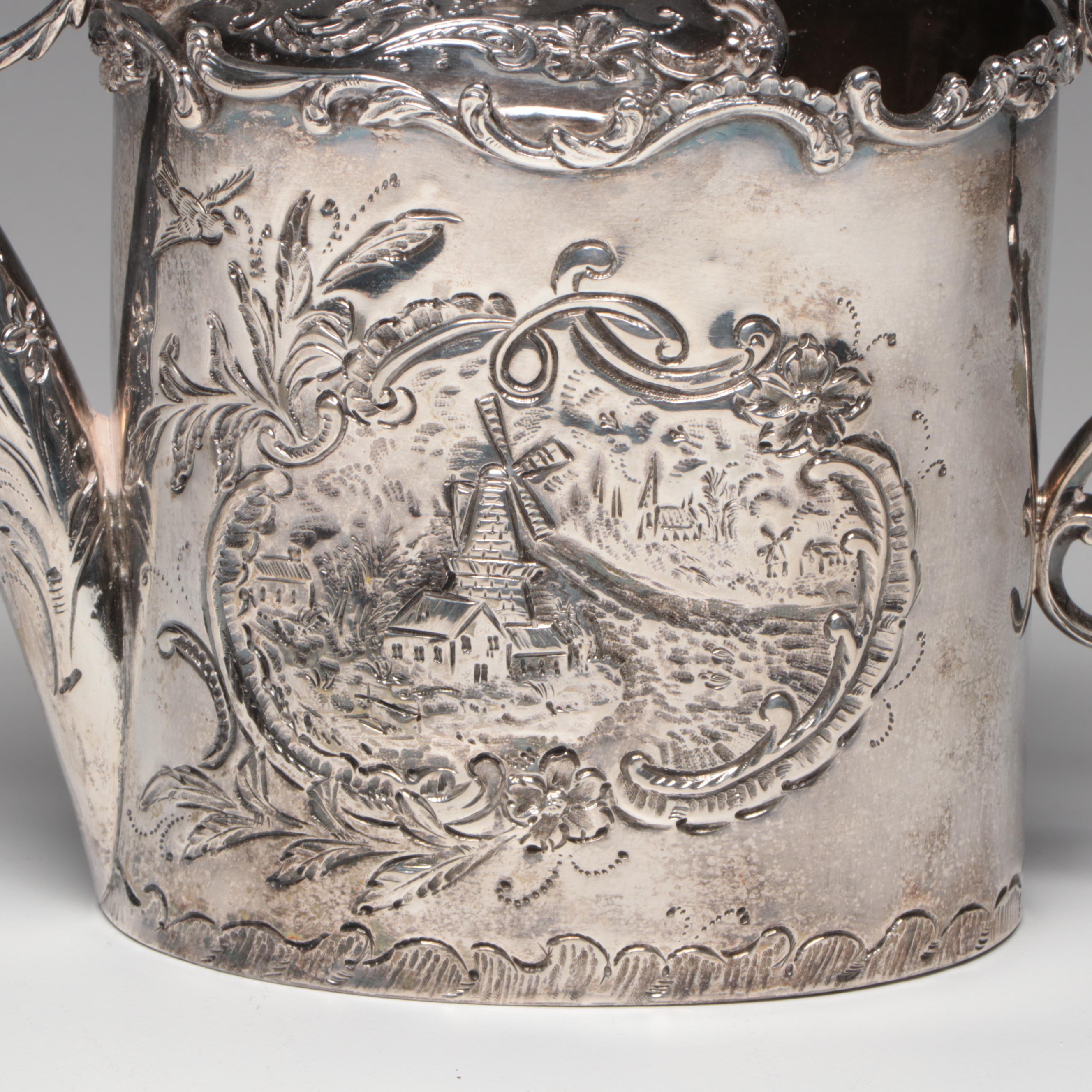 Dutch Export 833 Silver Baroque Style Watering Can with Winged Putto, 1902