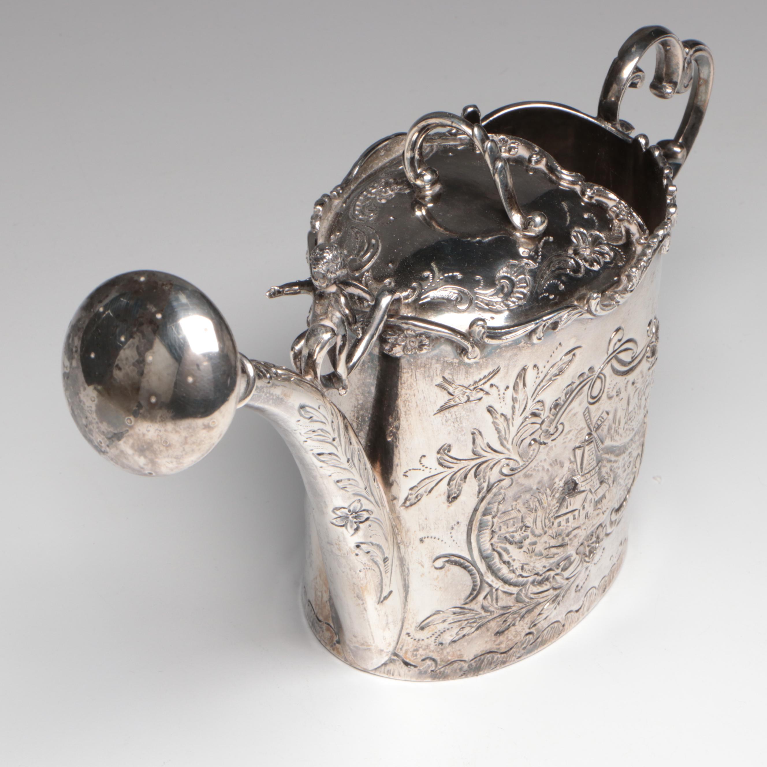 Dutch Export 833 Silver Baroque Style Watering Can with Winged Putto, 1902