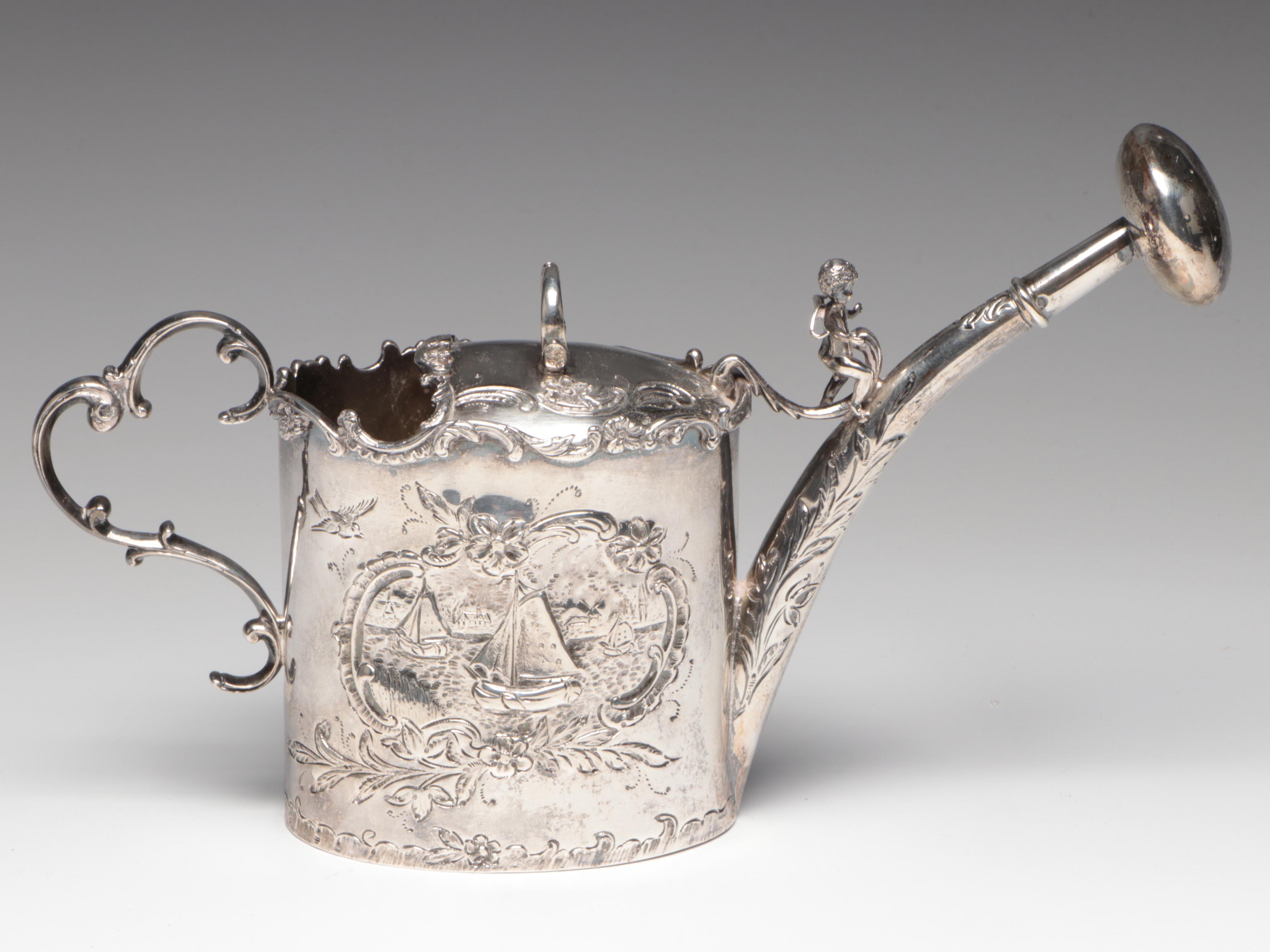 Dutch Export 833 Silver Baroque Style Watering Can with Winged Putto, 1902