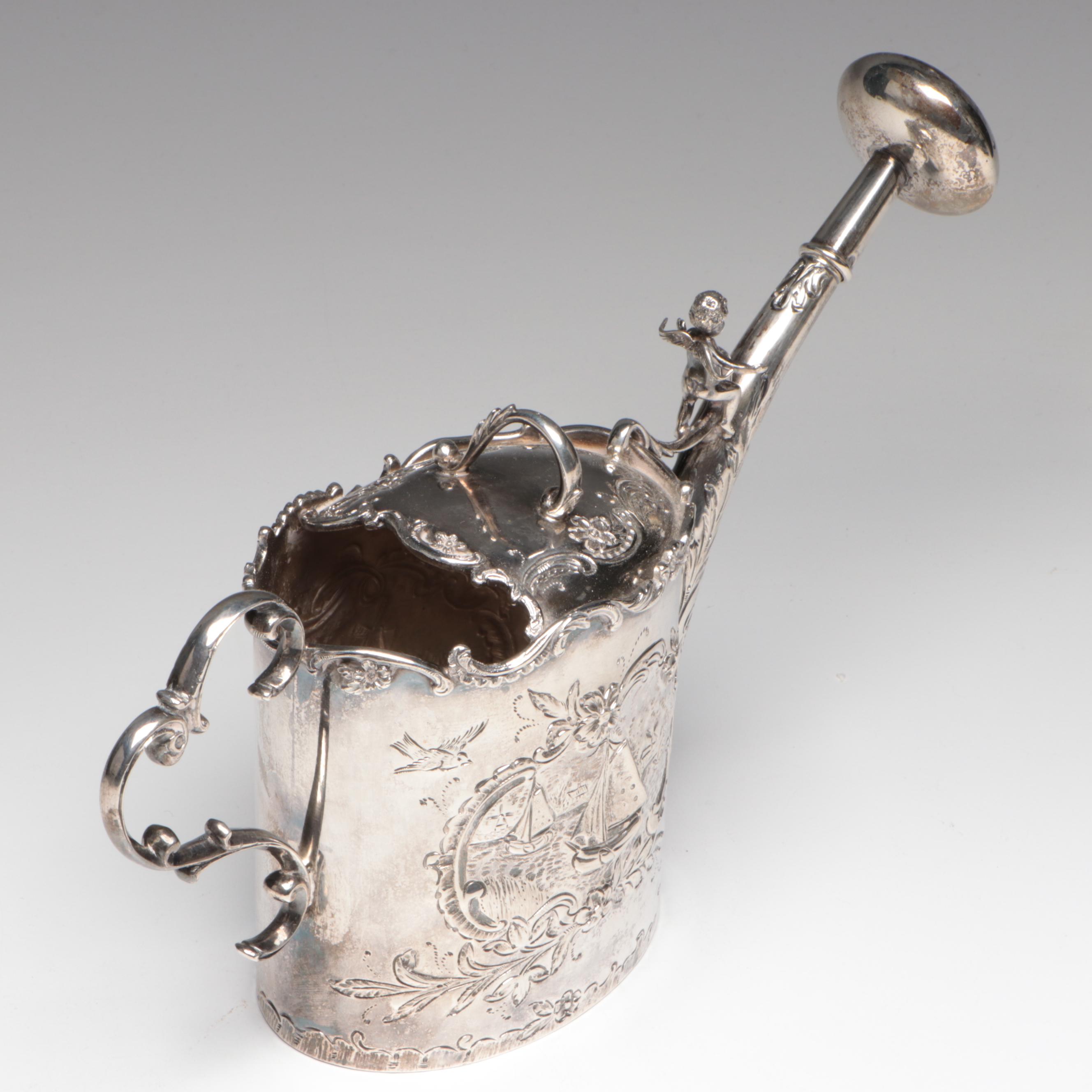 Dutch Export 833 Silver Baroque Style Watering Can with Winged Putto, 1902