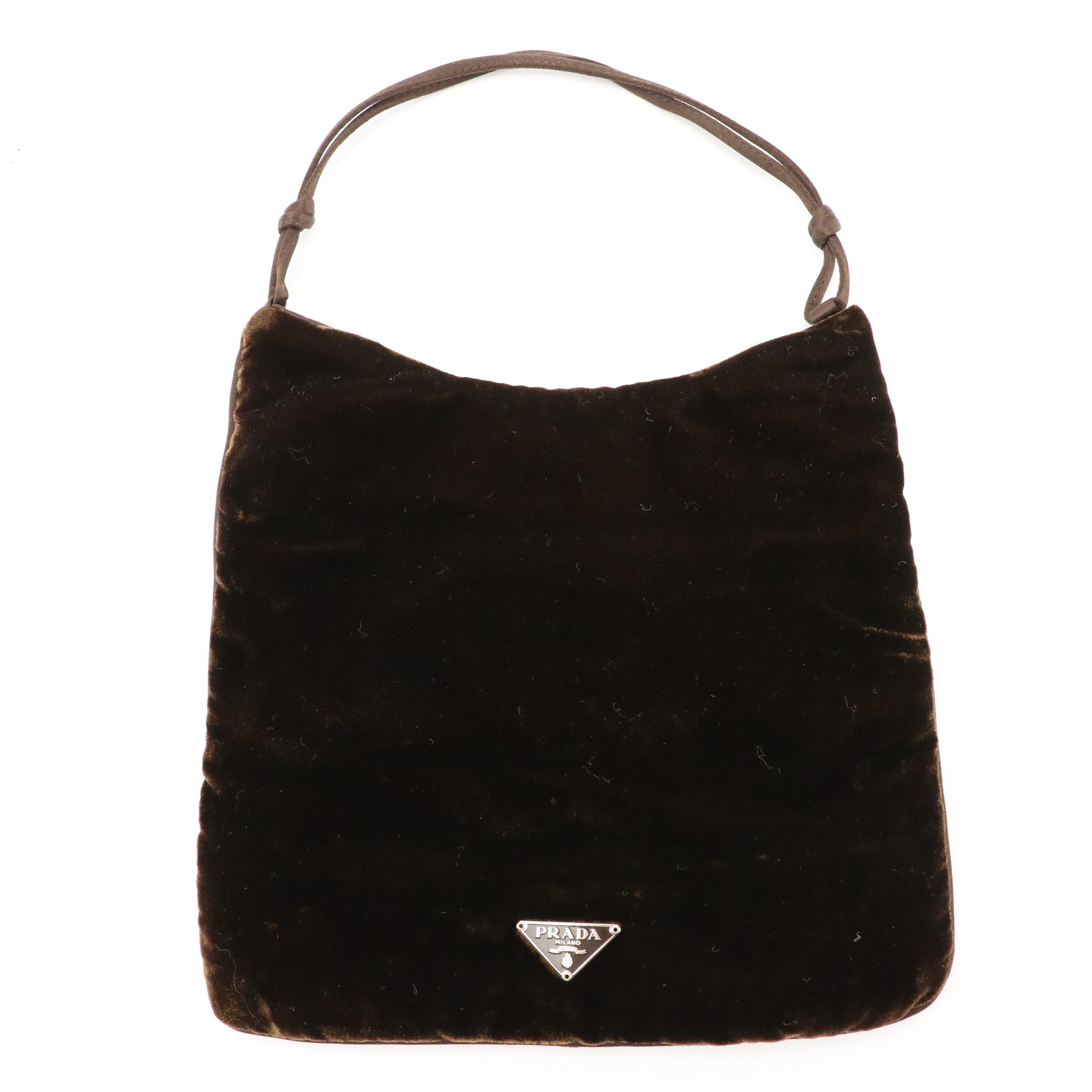 Prada Brown Velvet and Beaded Silk Chiffon Floral Handbag