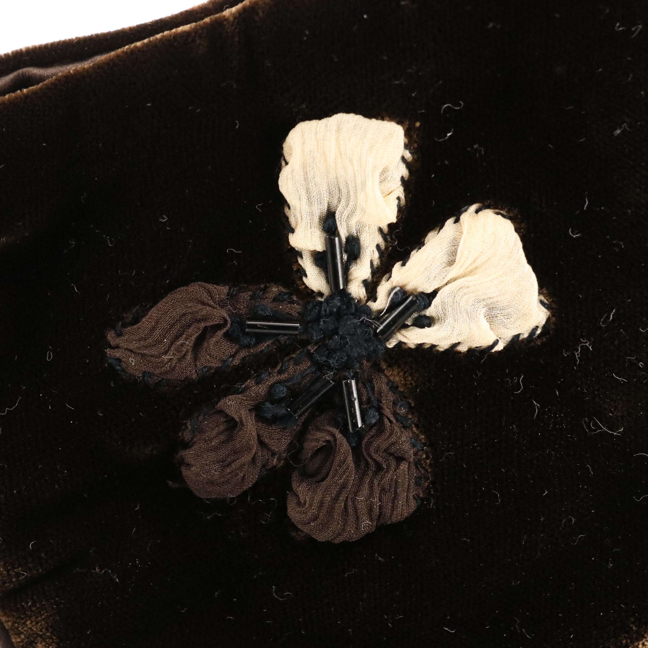 Prada Brown Velvet and Beaded Silk Chiffon Floral Handbag