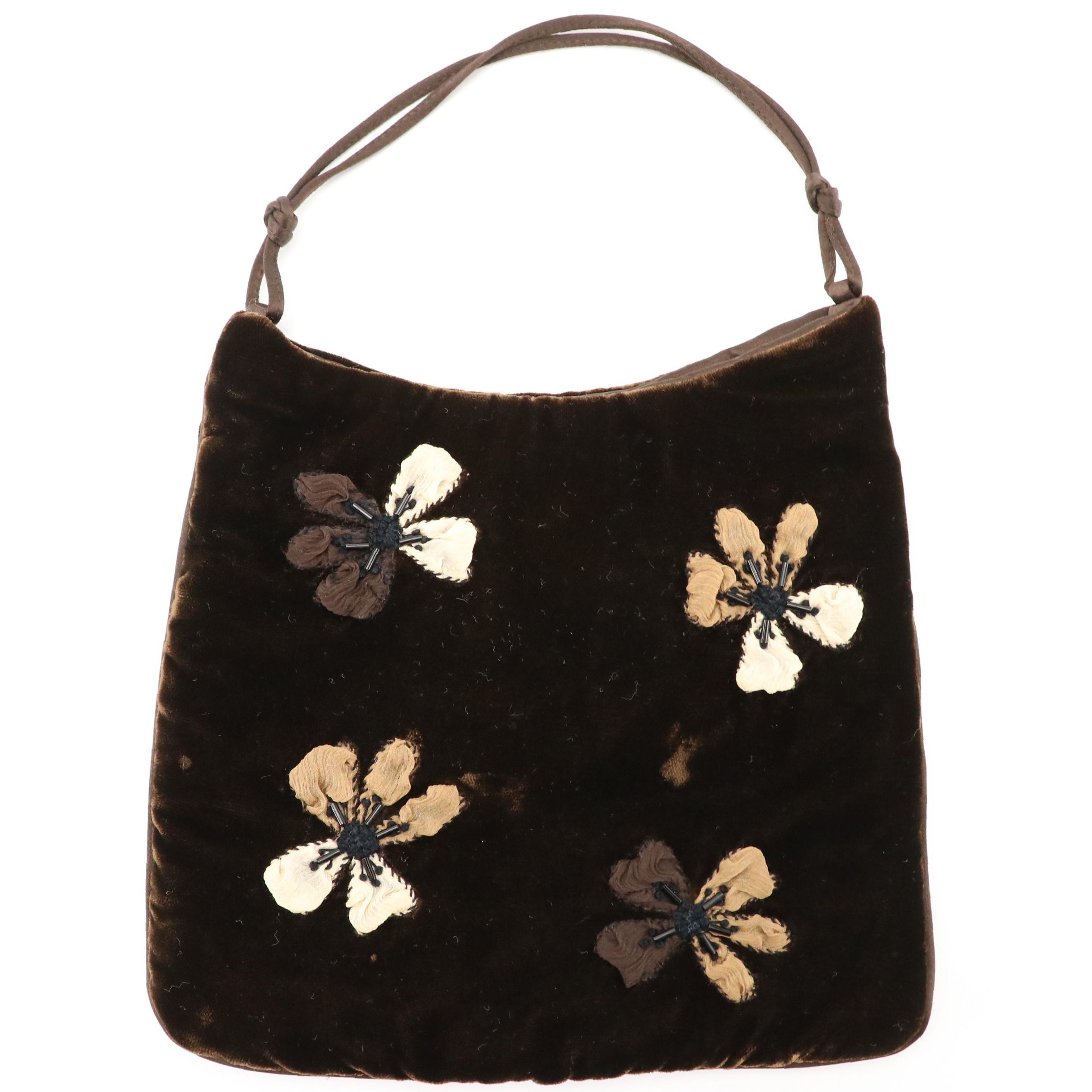 Prada Brown Velvet and Beaded Silk Chiffon Floral Handbag