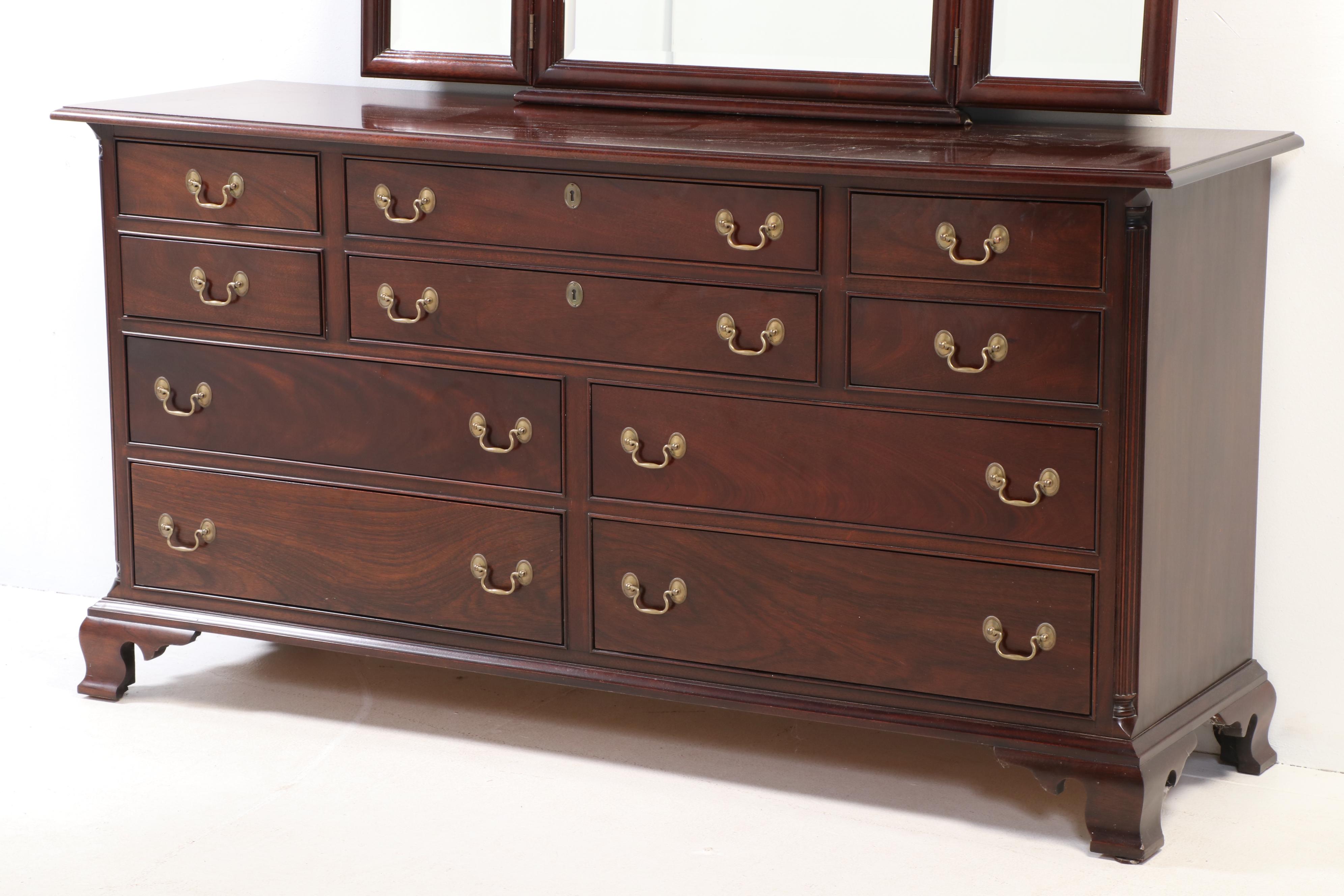 Stickley Chippendale Style Mahogany Dresser with Trifold Mirror