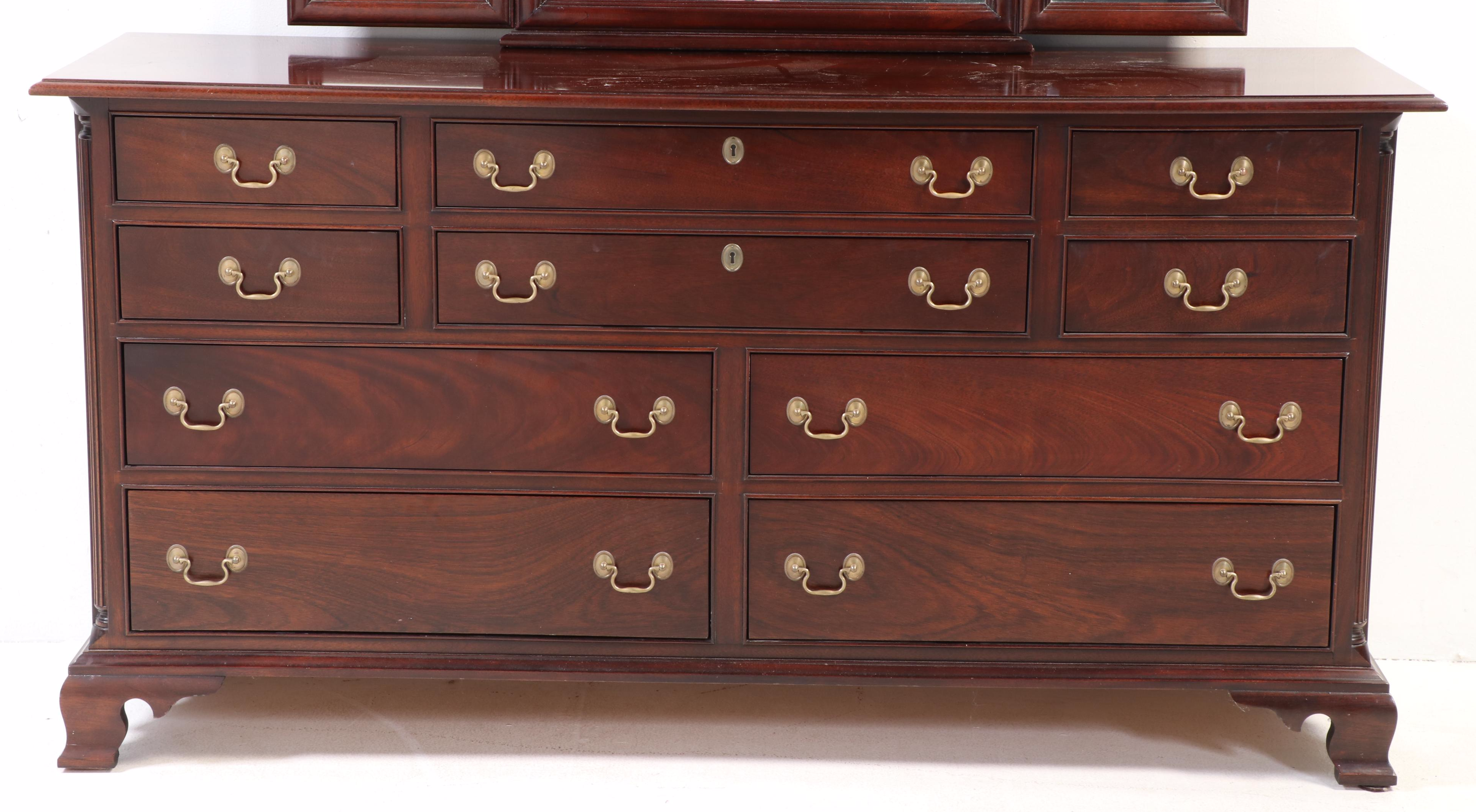 Stickley Chippendale Style Mahogany Dresser with Trifold Mirror