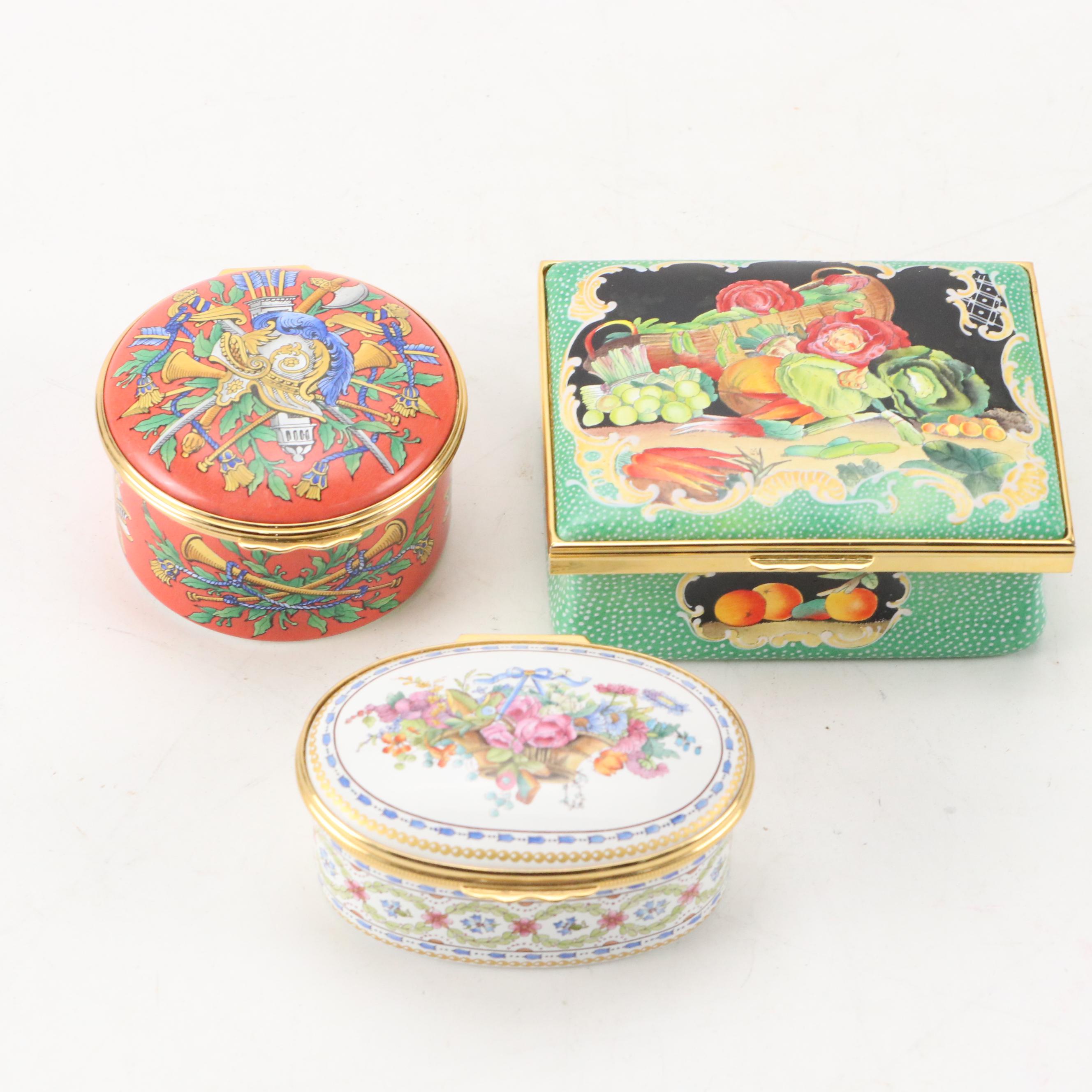 Halcyon Days Enamel Boxes with Militaria and Museum Fruit and Floral Motifs